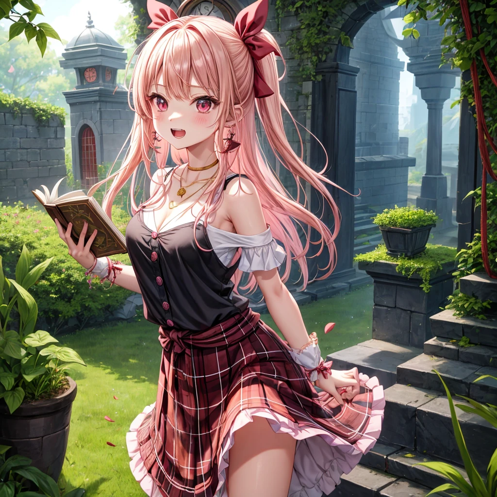 pink blonde、red eyes、one good looking girl、solo、anime、plaid mini skirt、the skirt has buttons、black camisole、black t-shirt、dress、wearing a ribbon、ribbon at waist、cloak、hood、stone slabs are piled up、crystal earrings、monster castle、jewelry necklace、Light and shadow、walking、tunnel、clock、universe、vine plant、petal、tilting one's face、teeth are visible、door of the future、spiral stage、fire spirit、moss is growing、book of magic、Kinmokusei
