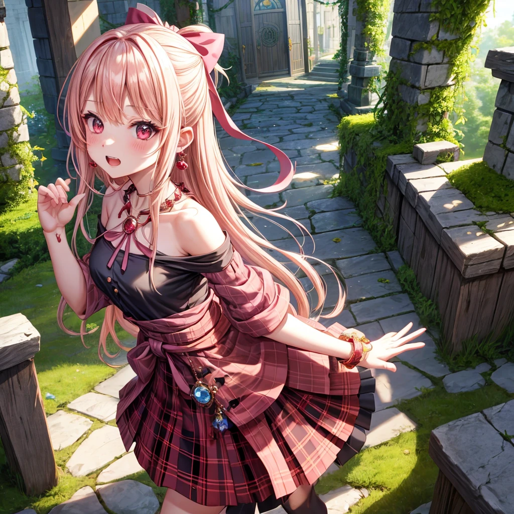 pink blonde、red eyes、one good looking girl、solo、anime、plaid mini skirt、the skirt has buttons、black camisole、black t-shirt、dress、wearing a ribbon、ribbon at waist、cloak、hood、stone slabs are piled up、crystal earrings、monster castle、jewelry necklace、Light and shadow、walking、tunnel、clock、universe、vine plant、petal、tilting one's face、teeth are visible、door of the future、spiral stage、fire spirit、moss is growing、book of magic、Kinmokusei