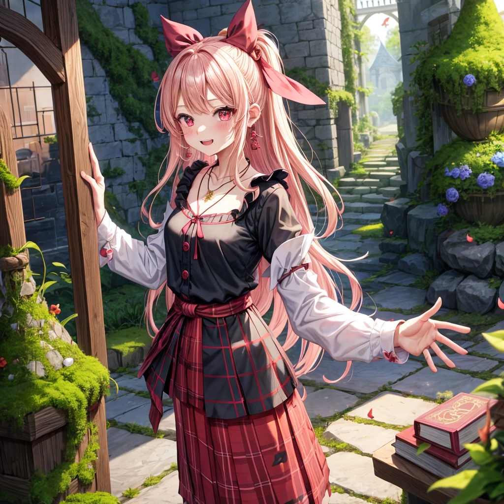 pink blonde、red eyes、one good looking girl、solo、anime、plaid mini skirt、the skirt has buttons、black camisole、black t-shirt、dress、wearing a ribbon、ribbon at waist、cloak、hood、stone slabs are piled up、crystal earrings、monster castle、jewelry necklace、Light and shadow、walking、tunnel、clock、universe、vine plant、petal、tilting one's face、teeth are visible、door of the future、spiral stage、fire spirit、moss is growing、book of magic、Kinmokusei