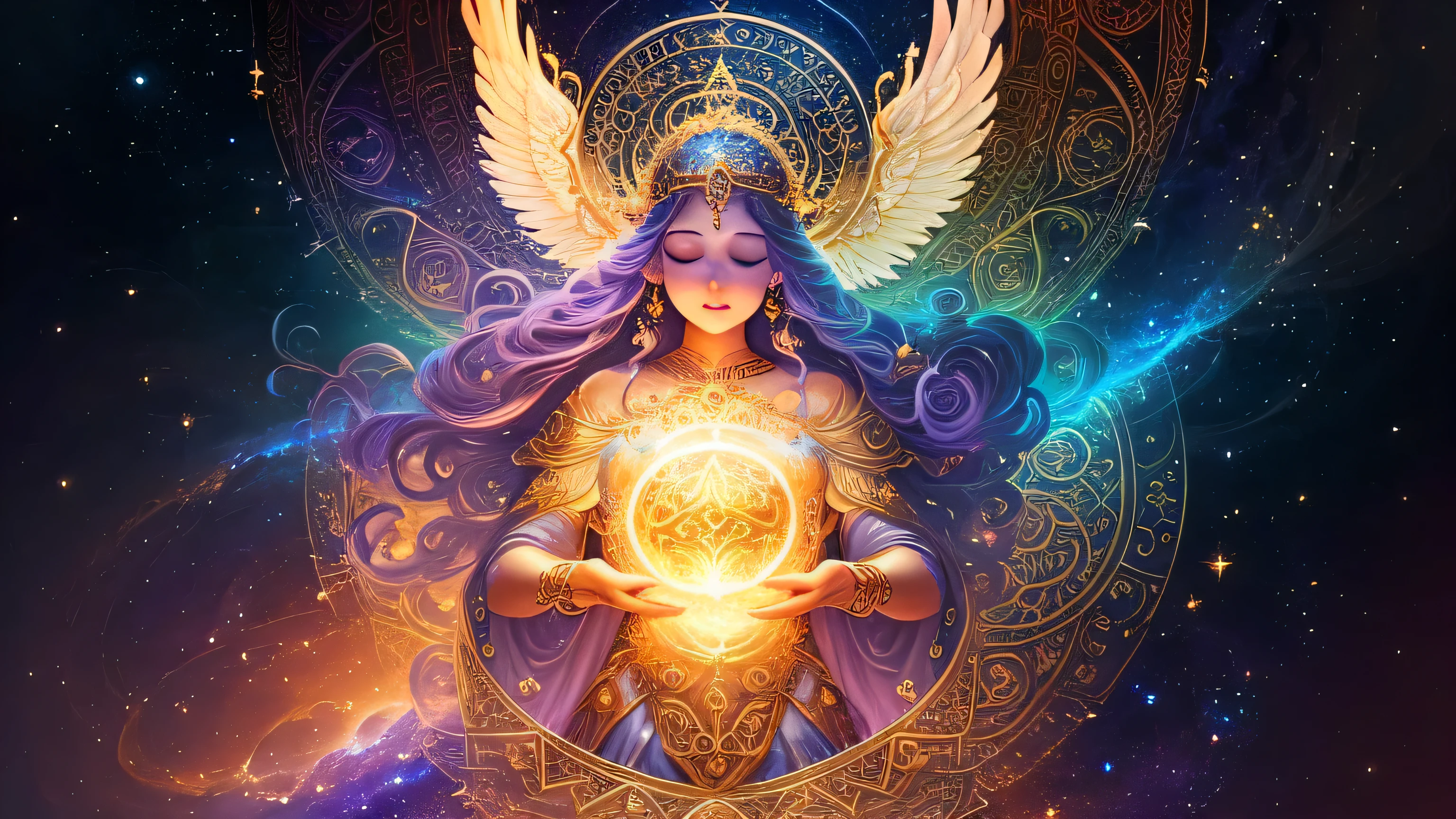 Create images depicting divine beings, decorated with celestial elements、Surrounded by a fantastic glow. God must exude a sense of power and transcendence, Get inspiration from various mythological sources. Integrating symbolic attributes related to wisdom, create, or specific domains to enhance your character&#39;sacred essence. Use a color palette that combines celestial tones, like blue and purple, With a touch of sparkling gold. The overall composition should evoke a sense of awe and wonder, Capturing the sacred nature of what is depicted.