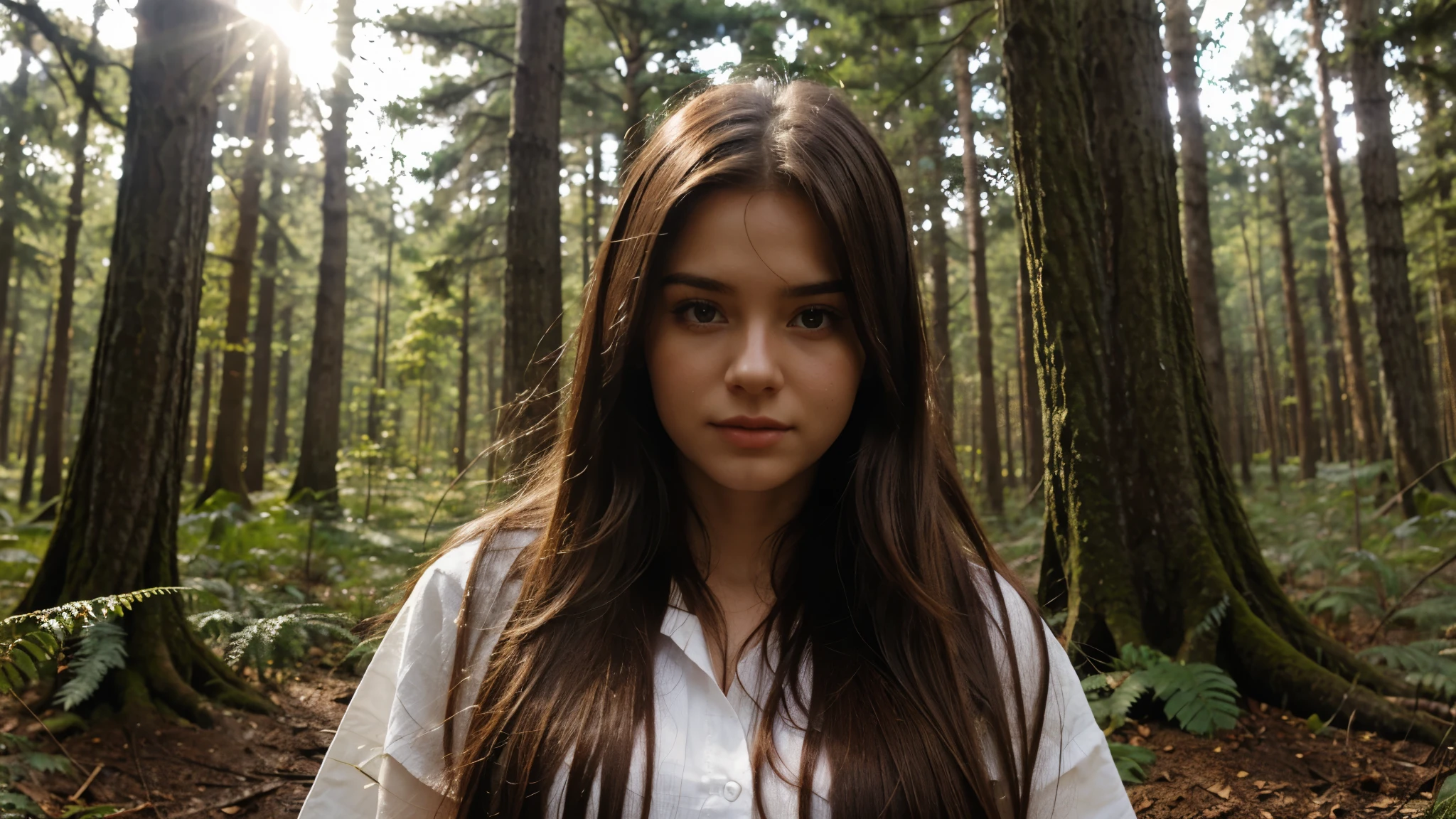 Create a reallistic girl 21 yr in long hair forest background