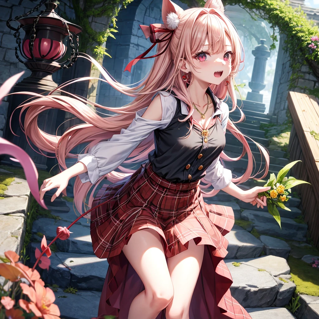 pink blonde、red eyes、one good looking girl、solo、anime、plaid mini skirt、the skirt has buttons、black camisole、black t-shirt、dress、wearing a ribbon、ribbon at waist、cloak、hood、stone slabs are piled up、crystal earrings、monster castle、jewelry necklace、Light and shadow、walking、tunnel、clock、universe、vine plant、petal、tilting one&#39;s face、teeth are visible、door of the future、spiral stage、fire spirit、moss is growing、book of magic、Kinmokusei