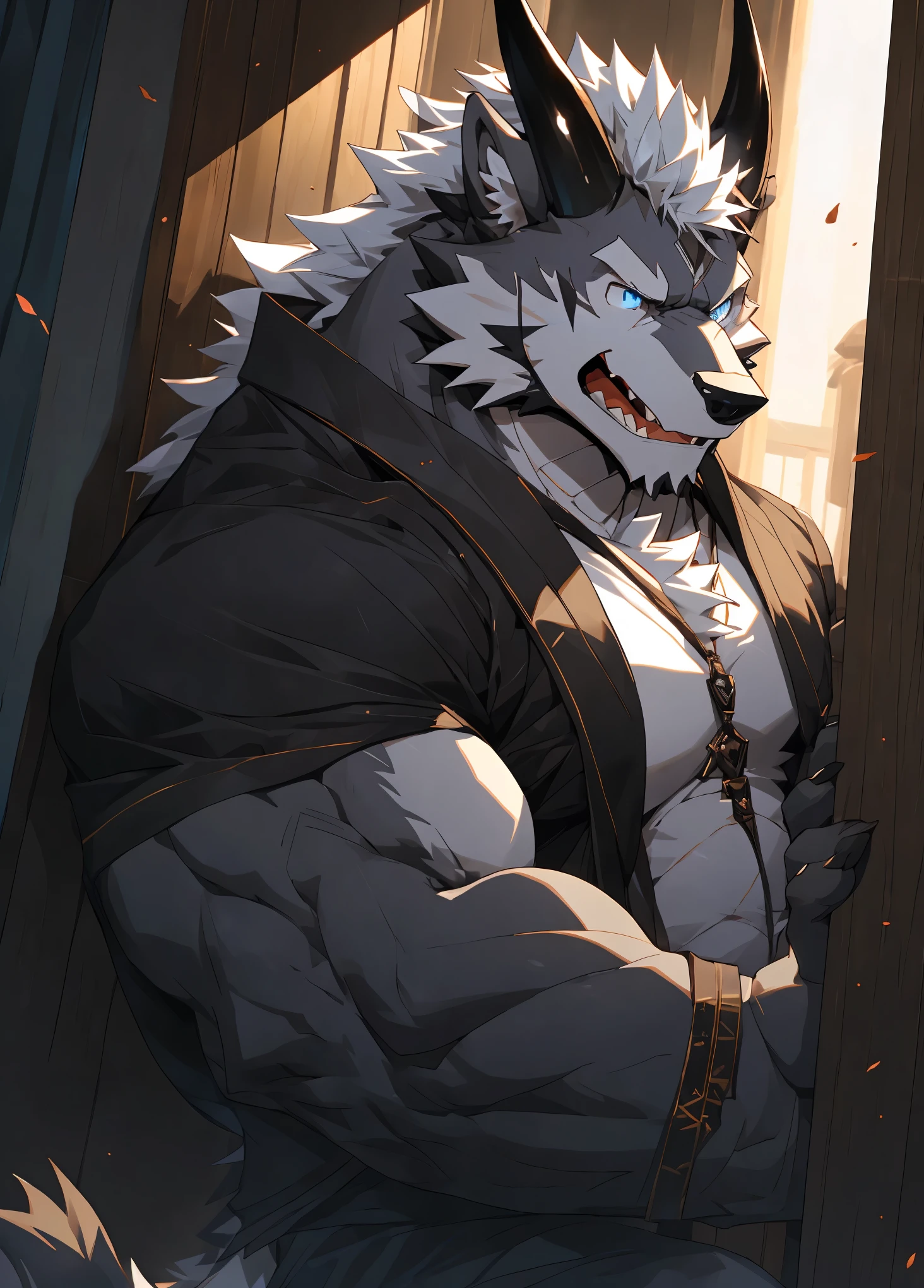 (masterpiece),Very detailed,(best quality),hairy,Wolf,male,dragon scale,black dragon horns,blue eyes,white hair,black fur,尾巴hairy的,There is blood in the left eye,Hide in a corner,(expression of fear),Be honest and trustworthy,Handsome,8k,(high quality)