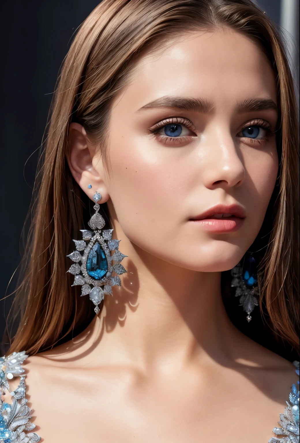 (masterpiece、top-quality)、intricate detailes、realisitic、Photorealsitic、inspired by Emma Andijewska、 wearing black fancy dress Covered with crystal、Silver Con 2019、blue eyess、Platinum Jewelry、earrings、flawless structure、silver earing、 (At the angle at which you pull the camera、Full body image of a person)