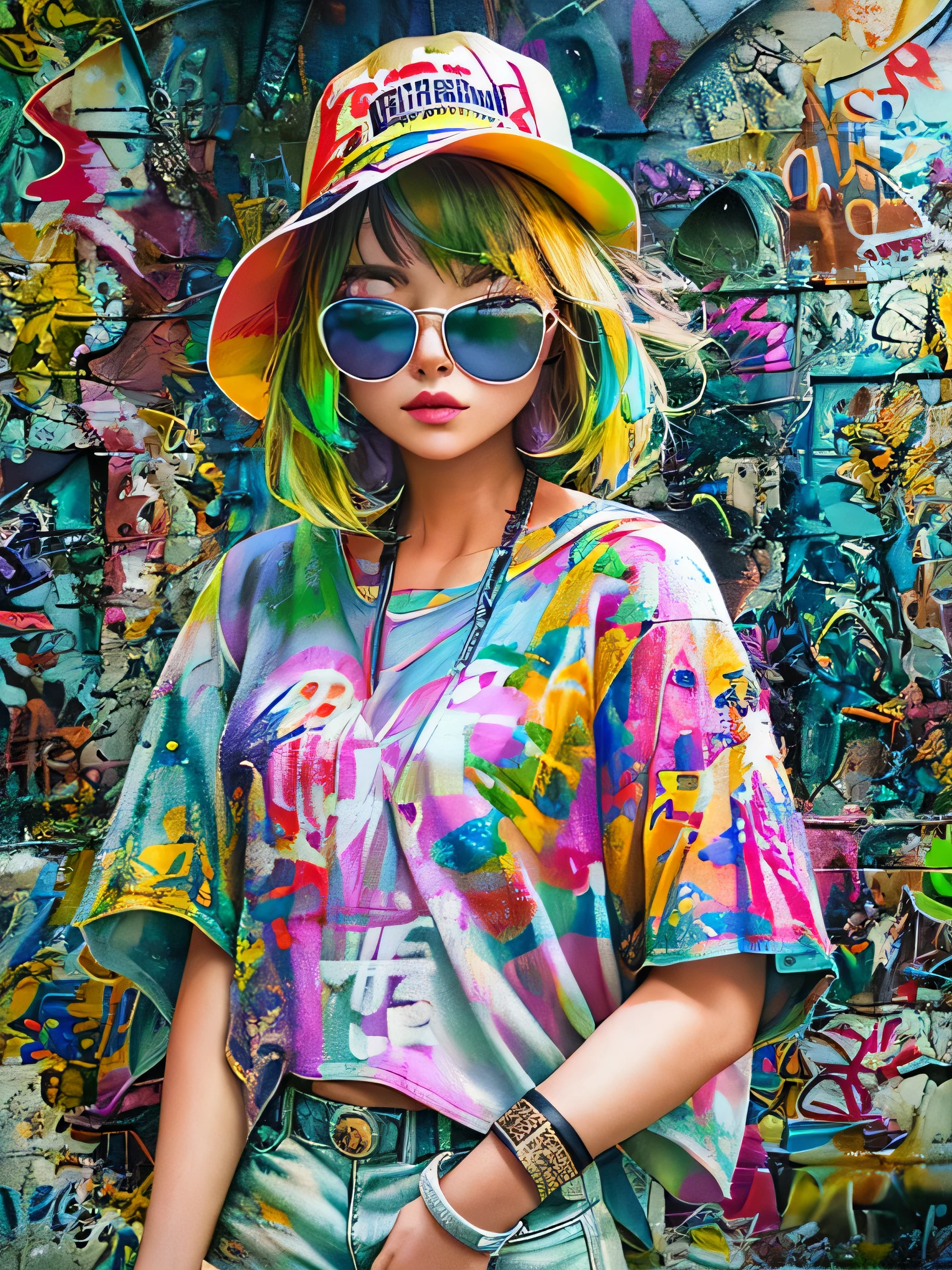8K quality, watercolor painting, stylish design, (((The strongest beautiful girl of all time)))、Stylish sunglasses, Fashionable hats, (((highest quality))), bob hair, HDR, ((Detailed details)), skull fashion, detailed clothing texture, (((graffiti art))), colorful hair, ((masterpiece))、((Super detailed))、colorful flowers