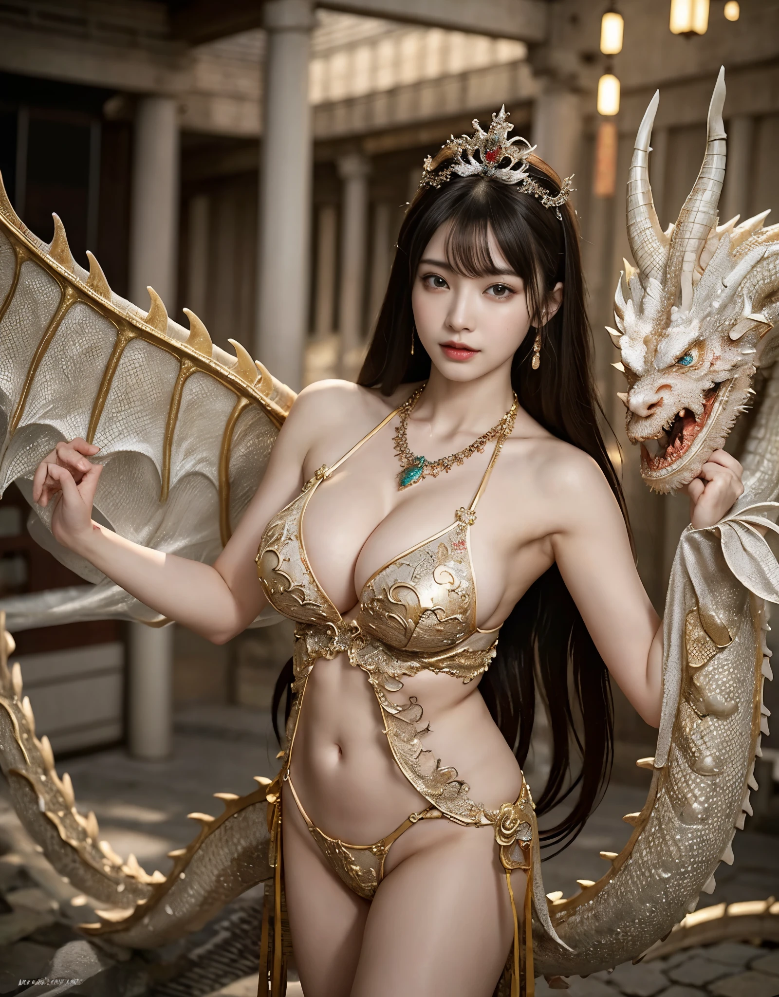 (Heavy breasts)、highest quality、masterpiece、overtake高解像度、（青Dragon Armor）、(((big breasts)))、Dragon Armor、(((detailed micro bikini)))、(wearing a beautiful crown)made of gemstones)、(Photorealsitic:1.4)、Raw photo、1 girl、(((random hair))、(((take various poses)))、glowing skin、(((chinese dragon)))、Complex and gorgeous hair ornaments、（Looks like a gorgeous jewelry necklace）、（full body angle）、（fight a big dragon）、（metalビキニ背景）））、（waterfall）、ancient ruins cliff）、（（overtake）realistic details))、Portrait、global illumination、（sexy pose）、shadow、octane rendering、、8K、ultra sharp、big breasts、Raw skin exposed in the cleavage、metal、intricate ornamental details、japanese details、very intricate details、realistic light、 CG Society Trenlow Eyes、Eyes shining towards the camera、Toostock、（full body angle）、（veil）、