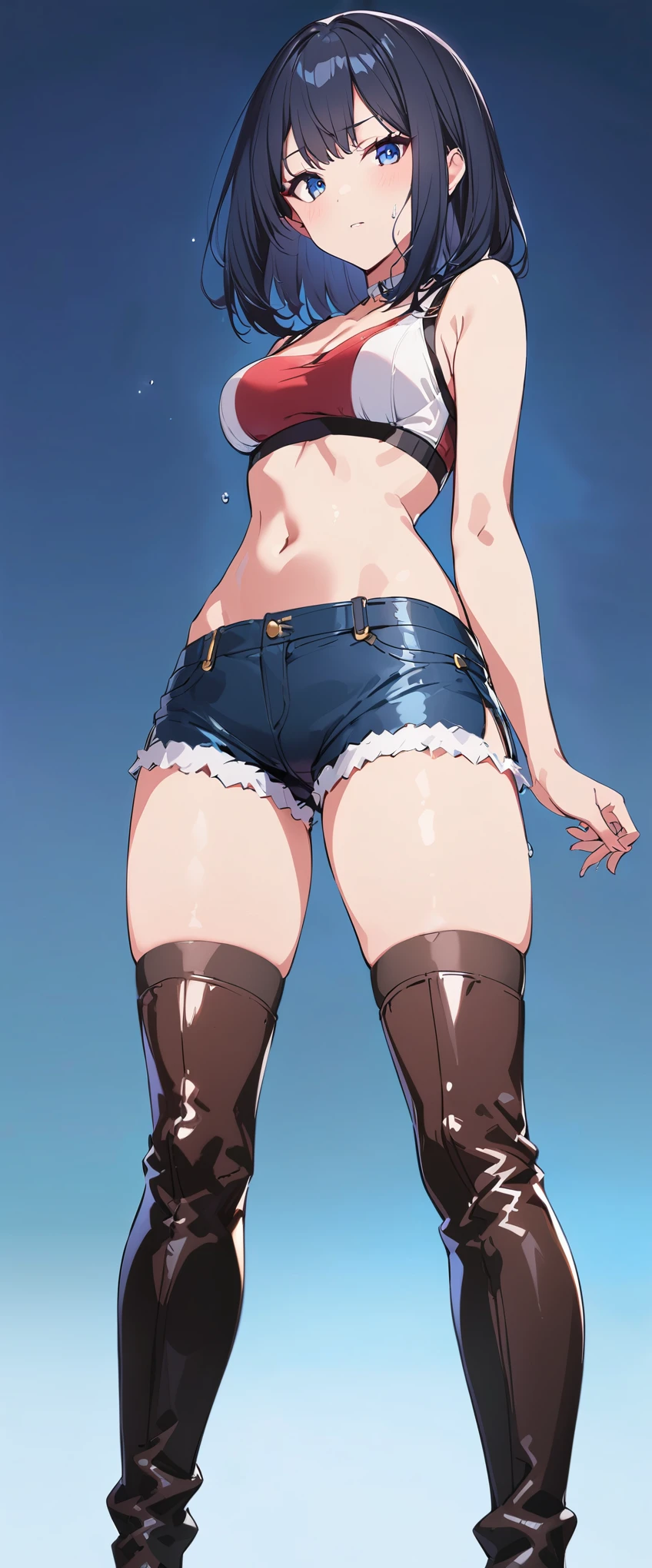 High resolution, woman , good lighting, despicable, , (No nudity), (((jean shorts))), ((sports bra)), (((leather thigh high boots))), (garter belt), abdomen only, (wet shorts), , cute face, I'Iは恥ずかしくて赤面します, humiliating, (()), ((black hair))