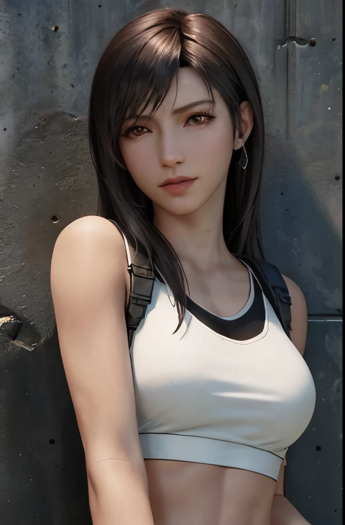 (masterpiece), (highest quality), 8K resolution, super detailed, super detailed, realistic, picture, photorealism, (1 girl), Tifa, Final Fantasy VII, Tifa・ロックハート, concrete wall,metal pipe,Red eye for details,detailed double eyelids,dark brown short hair,slender body shape,model body shape,bustBcup,