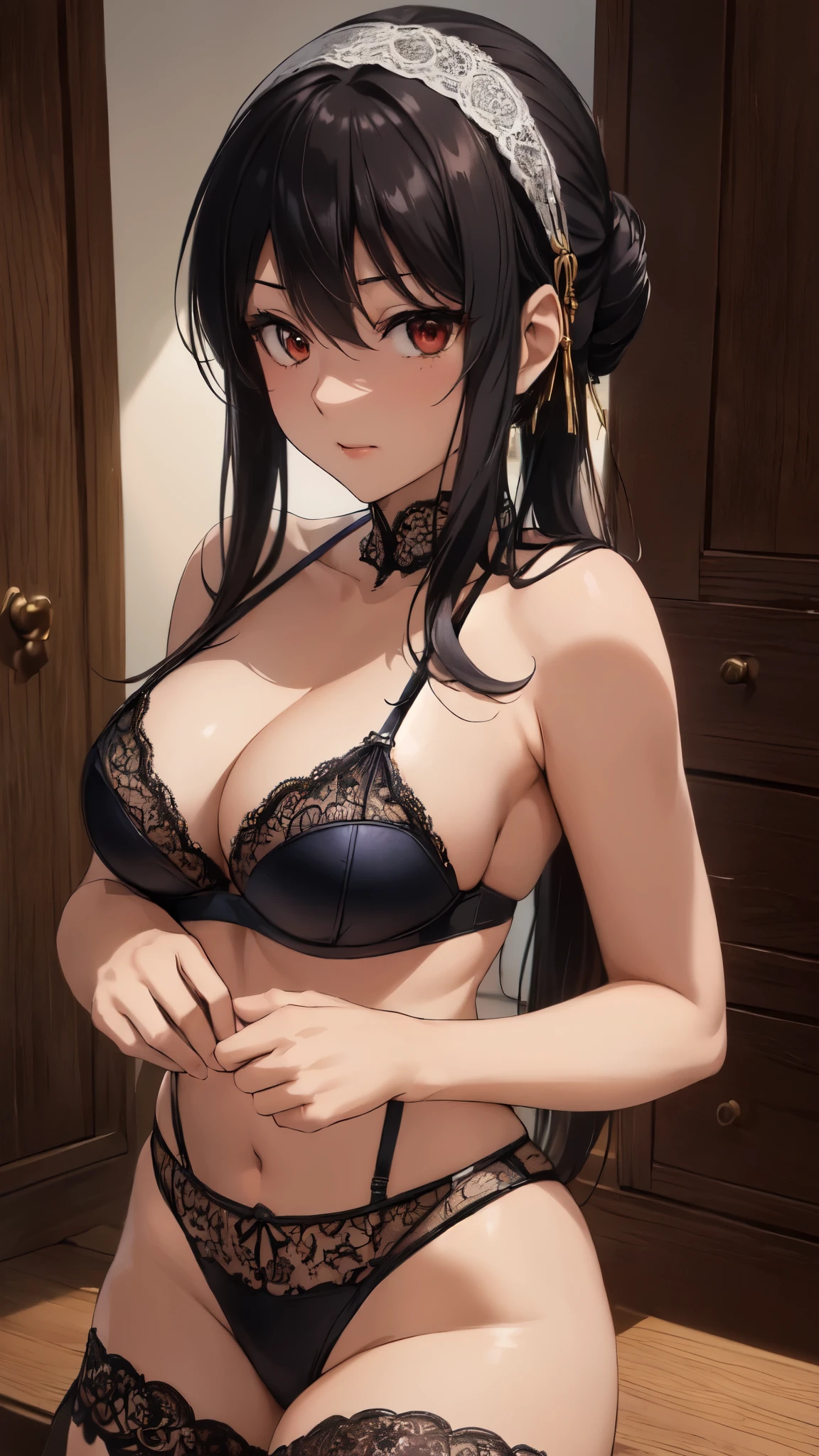 (masterpiece:1.5),(Highly detailed CG Unity 8k wallpaper:1.5),(big_chest,美しいchest,color_aberration,beautiful delicate shadows,beautiful eyes,beautiful body,beautiful skin,beautiful hands:1.5),(cowboy_shot:1.4),(slender:1.4),(bright room:1.3),(spread_feet,kneel down,put your hands behind your back,:1.4),(鮮やかなcolor,realistic,Photoreal),(超realistic:1.5),(big_chest,curve,model,Glamour:1.5),(Long Layer Style:1.4),(half updo:1.4),(26 years old:1.4),Smile,(shiny hair,深緑colorの髪,red eyes:1.5),(Exquisite fabric,Ren Hao,lace trim bra,lace trim legwear:1.4),(in house,Bedroom:1.4),(Exquisite fabric,Ren Hao,lace trim bra,lace trim legwear:1.4),delicate pattern,intricate details,blush,shiny skin,strapless,clavicle,(anime girl with white headband:1.4),seductive anime girl, (美しい魅力的なblack underwearを着たアニメの女性:1.5), Smooth anime CG art, Spy x Family,(black underwear:1.5),