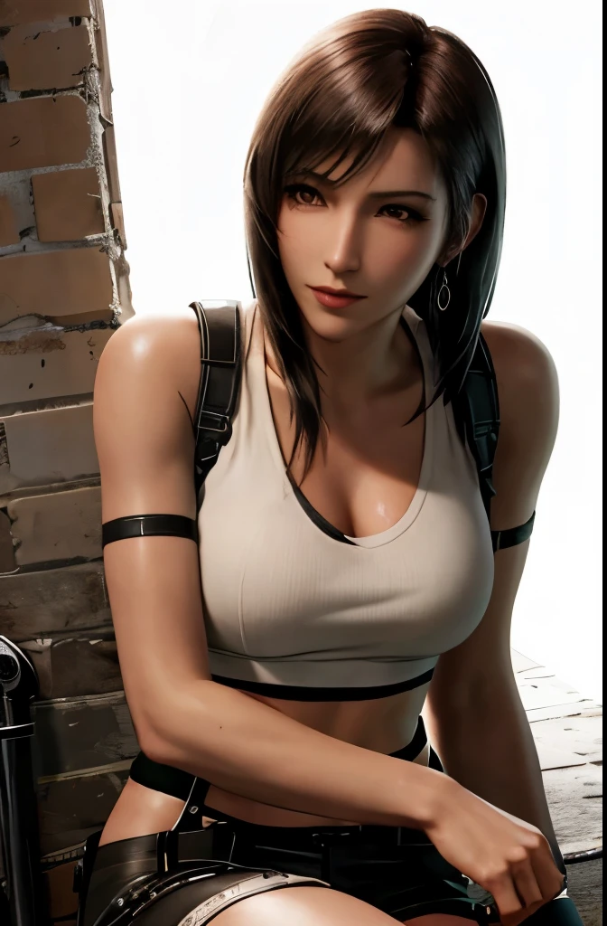 (masterpiece), (highest quality), 8K resolution, super detailed, super detailed, realistic, picture, photorealism, (1 girl), Tifa, Final Fantasy VII, Tifa・ロックハート, concrete wall,metal pipe,Red eye for details,detailed double eyelids,dark brown short hair,slender body shape,model body shape,bustBcup,