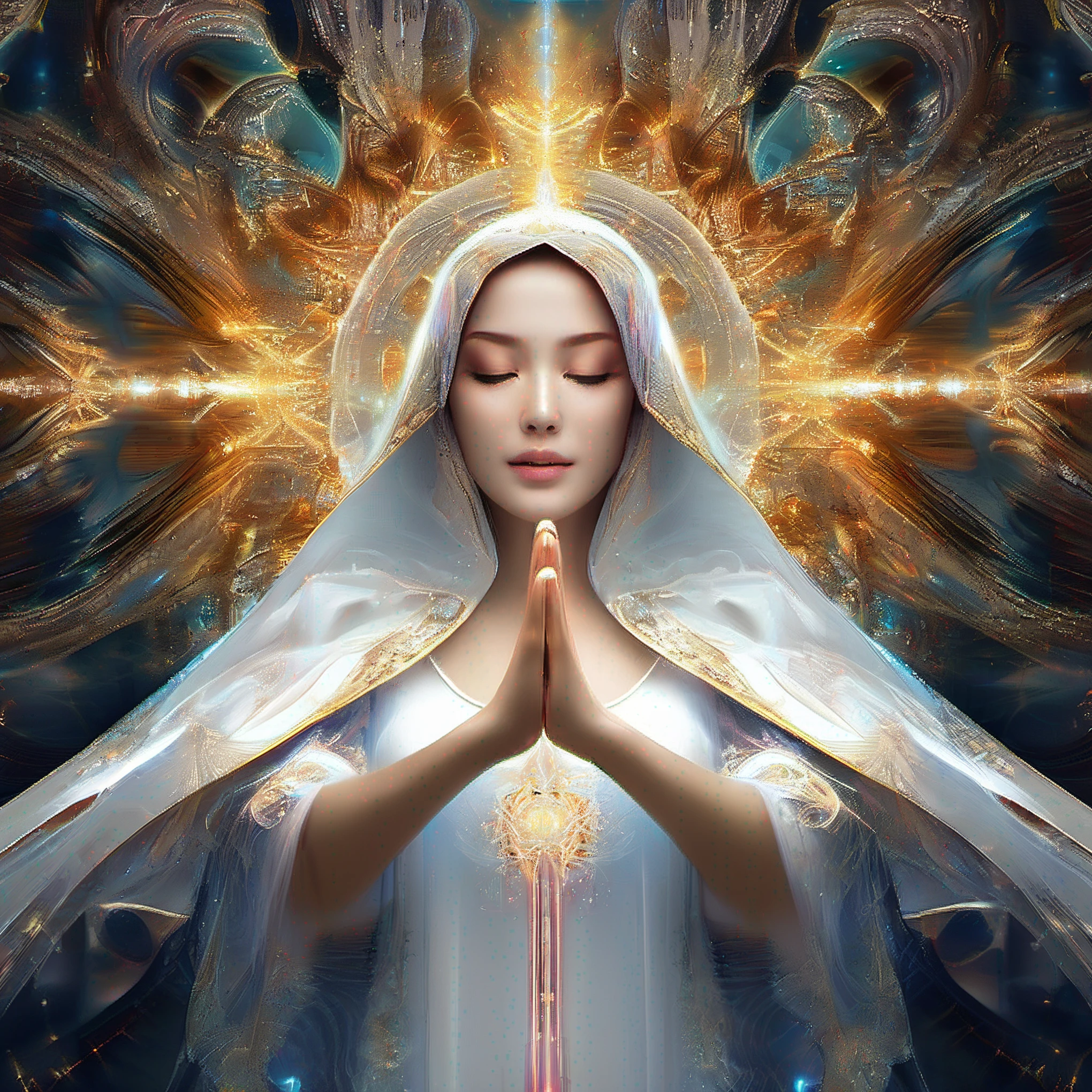 (masterpiece, top quality, best quality, official art, beautiful and aesthetic:1.2), (1girl), extreme detailed, (fractal art:1.3), colorful, highest detailed, perfect face, upper body, HDR, (praying:1.3), (white cloak golden lines:1.2), galaxy, (light streaks), striking visuals, (dynamic streaks, luminous trails:1.2), vibrant colors,