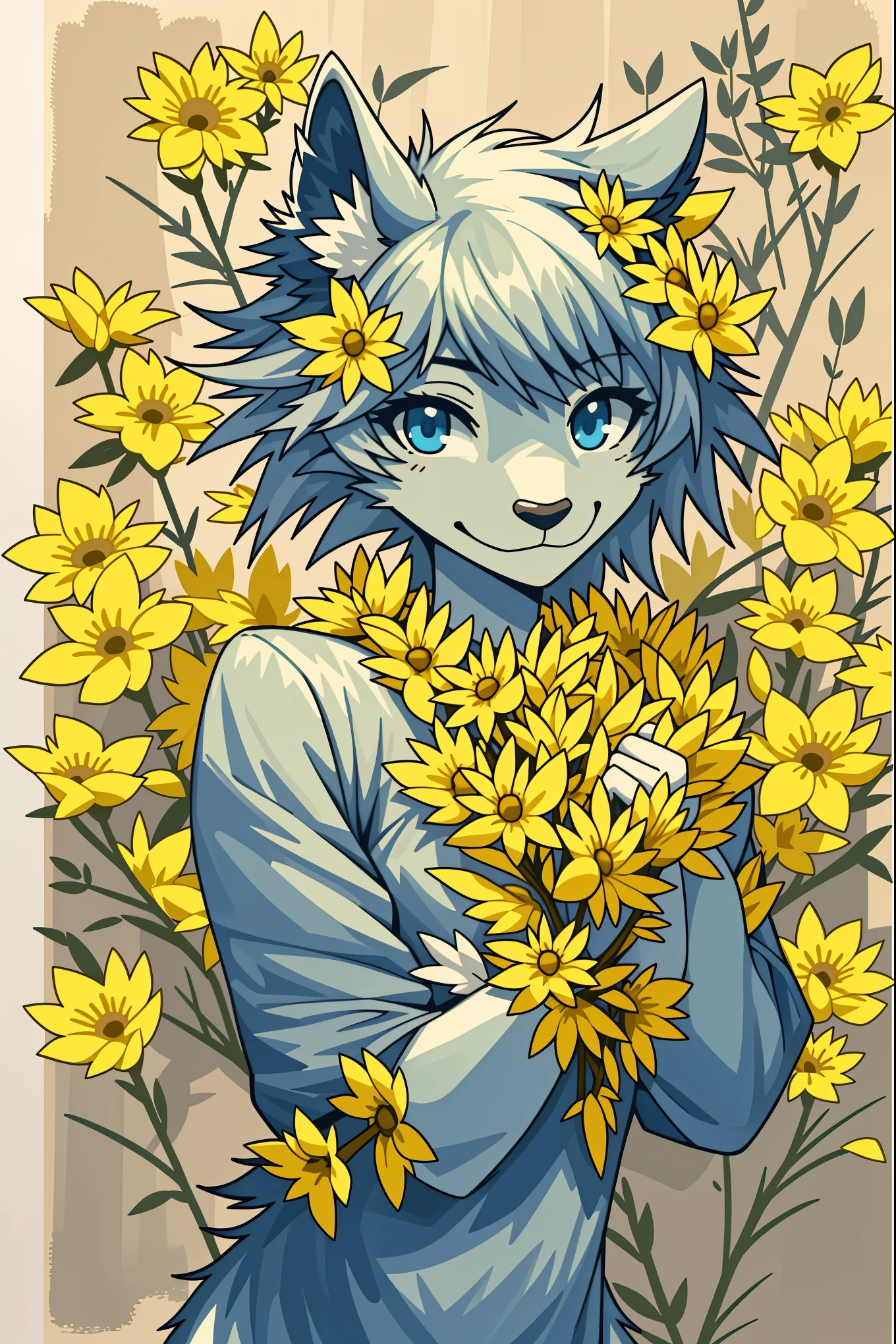 monochrome, watercolor, highres, top quality, best quality, paid reward available, High-quality illustrations, unparalleled masterpiece, perfect artwork, absurdres, 1girl, kemono, furry, detailed body fur, animal face, animal hand, Archaic Smile, holding a cluster of gold flower in both hands, which are positioned at chest level, She is wearing a simple ring on the ring finger of her left hand, unfocused spread of gold flower, fan-created work shared on platforms Pixiv or Twitter, Watercolor elements that seem to shift through time, Van Gogh,