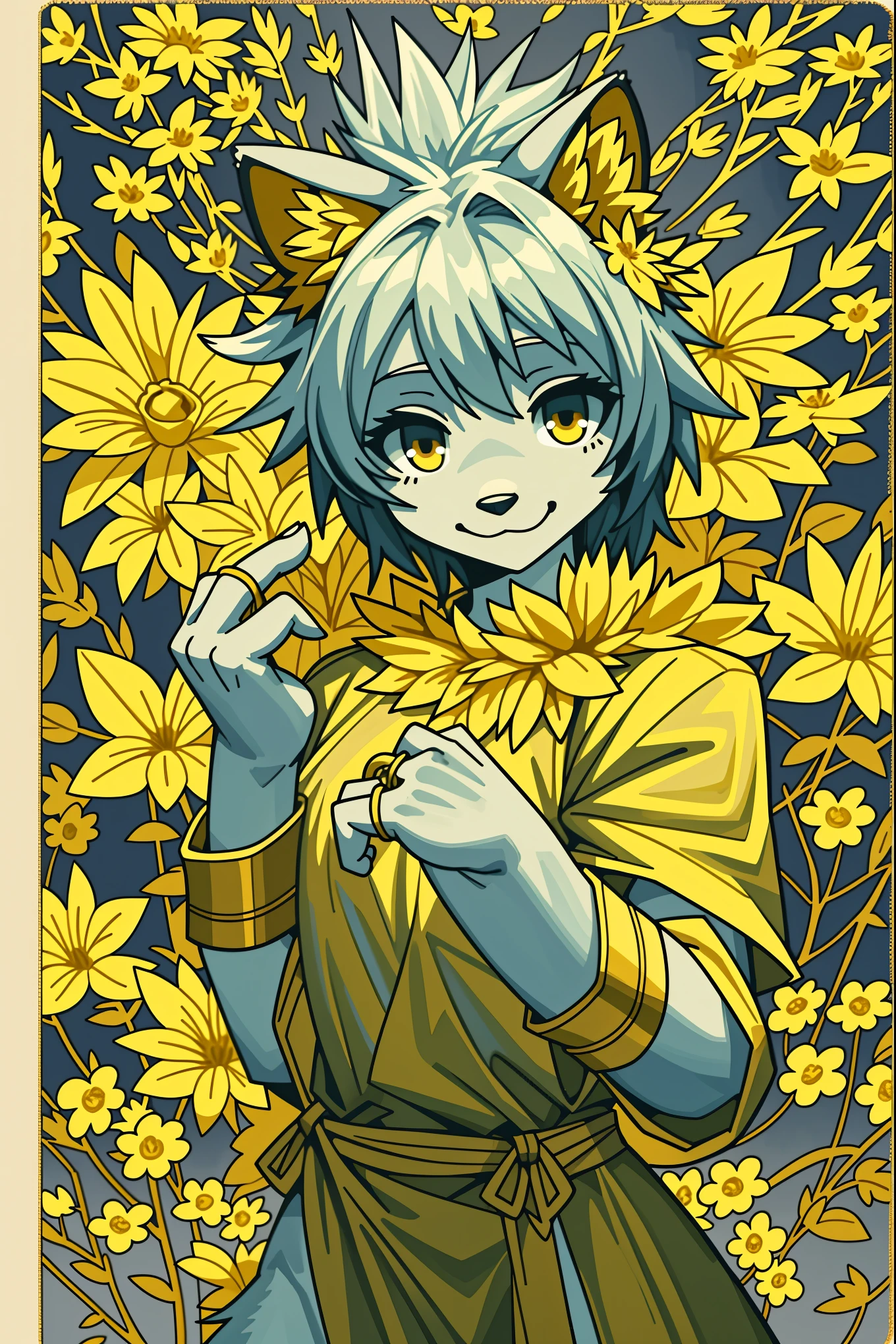 monochrome, watercolor, highres, top quality, best quality, paid reward available, High-quality illustrations, unparalleled masterpiece, perfect artwork, absurdres, 1girl, kemono, furry, detailed body fur, animal face, animal hand, Archaic Smile, holding a cluster of gold flower in both hands, which are positioned at chest level, She is wearing a simple ring on the ring finger of her left hand, unfocused spread of gold flower, fan-created work shared on platforms Pixiv or Twitter, Watercolor elements that seem to shift through time, Van Gogh,