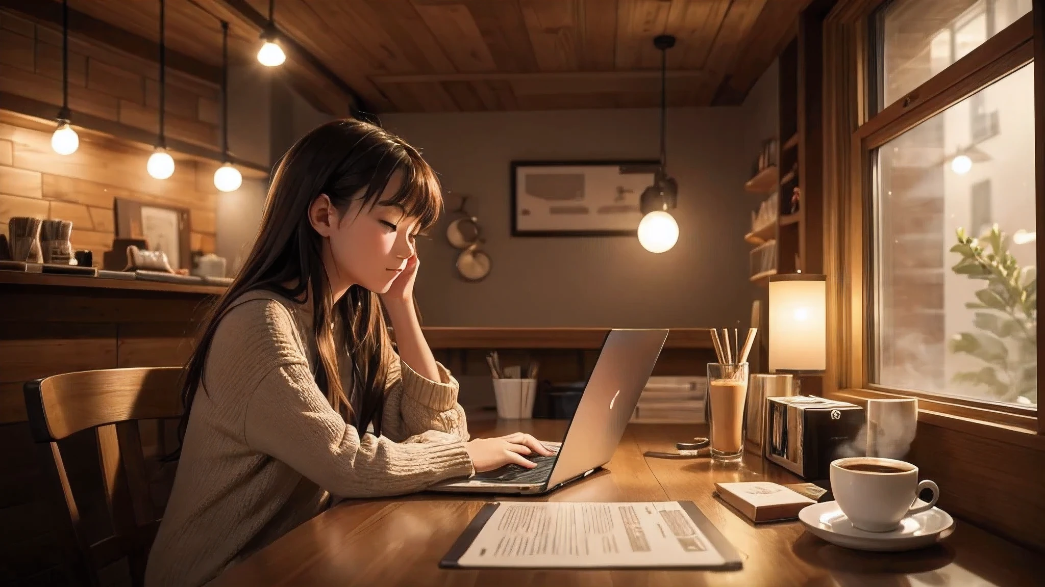 Générez un arrière-plan relaxant et confortable pour la première vidéo de « Chilleez LoFi », featuring a wooden table with a steaming cup of coffee, dim lights, stacked vinyl records, et une ambiance chaleureuse de café LoFi. Ajouter une jeune femme assise à table, occupée à travailler sur son ordinateur portable ou à dessiner, immergé dans une atmosphère apaisante. Incluez le titre de la vidéo « Chill Coffee Beats » écrit en lettres élégantes sur le côté..