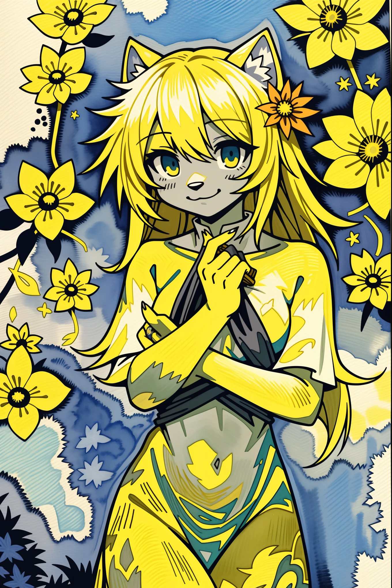 monochrome, watercolor, highres, top quality, best quality, paid reward available, High-quality illustrations, unparalleled masterpiece, perfect artwork, absurdres, 1girl, kemono, furry, detailed body fur, animal face, animal hand, Archaic Smile, holding a cluster of gold flower in both hands, which are positioned at chest level, She is wearing a simple ring on the ring finger of her left hand, unfocused spread of gold flower, fan-created work shared on platforms Pixiv or Twitter, Watercolor elements that seem to shift through time, Van Gogh,