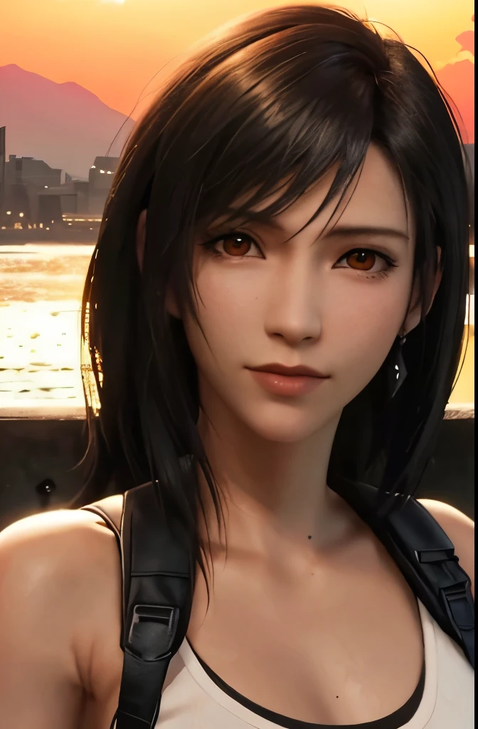 (masterpiece), (highest quality), 8K resolution, super detailed, super detailed, realistic, picture, photorealism, (1 girl), Tifa, Final Fantasy VII, Tifa・ロックハート, concrete wall,metal pipe,Red eye for details,detailed double eyelids,dark brown short hair,slender body shape,model body shape,bustBcup,