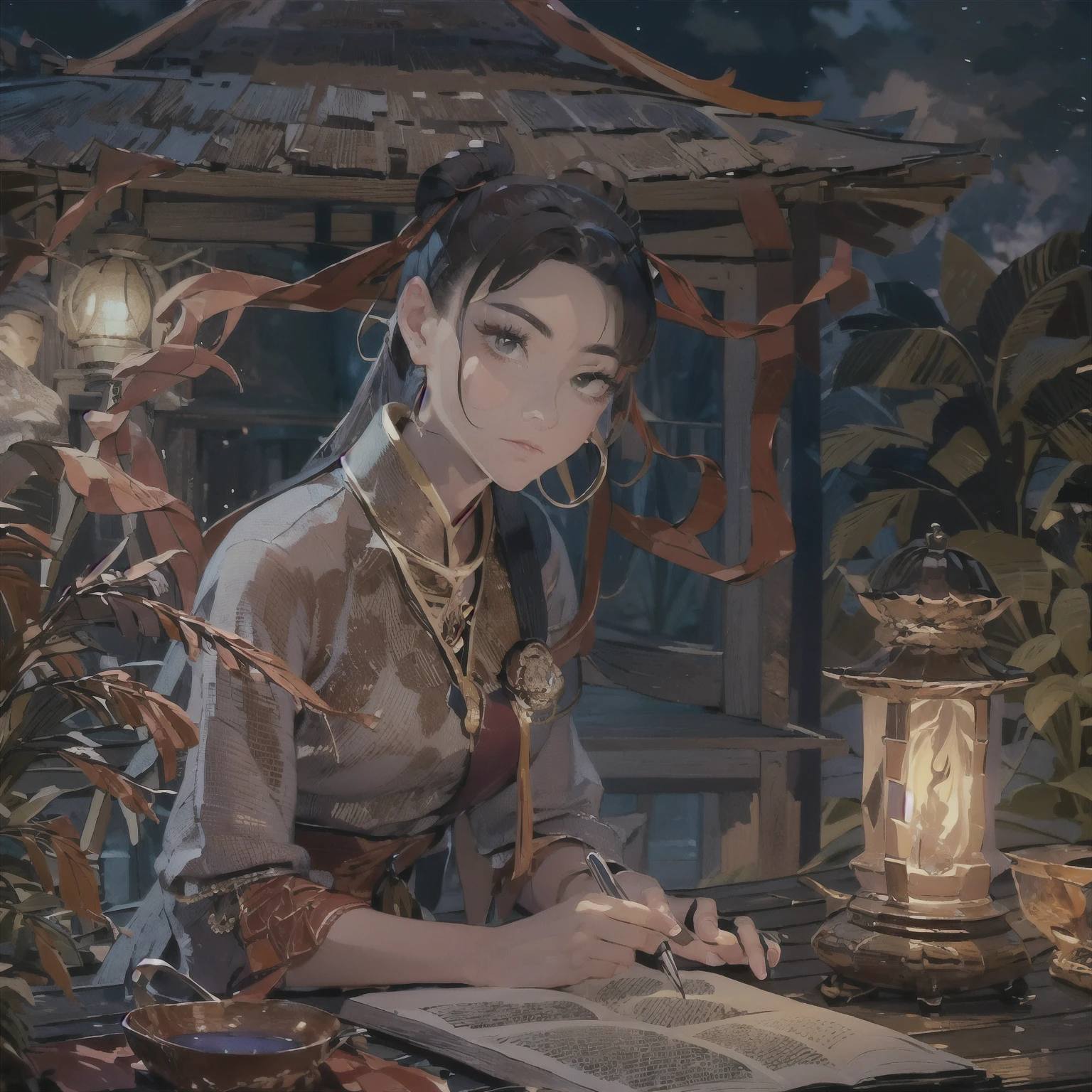 Photo of a beautiful girl in a traditional Chinese dress, looking at an ancient Chinese book under a lamp on a low table in the garden, surrounded by old walls on a peaceful night,((her right hand is holding a pen, and the left hand lies on the table)),((Masterpiece)),Realistic,4k,extremely detailed,((beautiful big eyes))