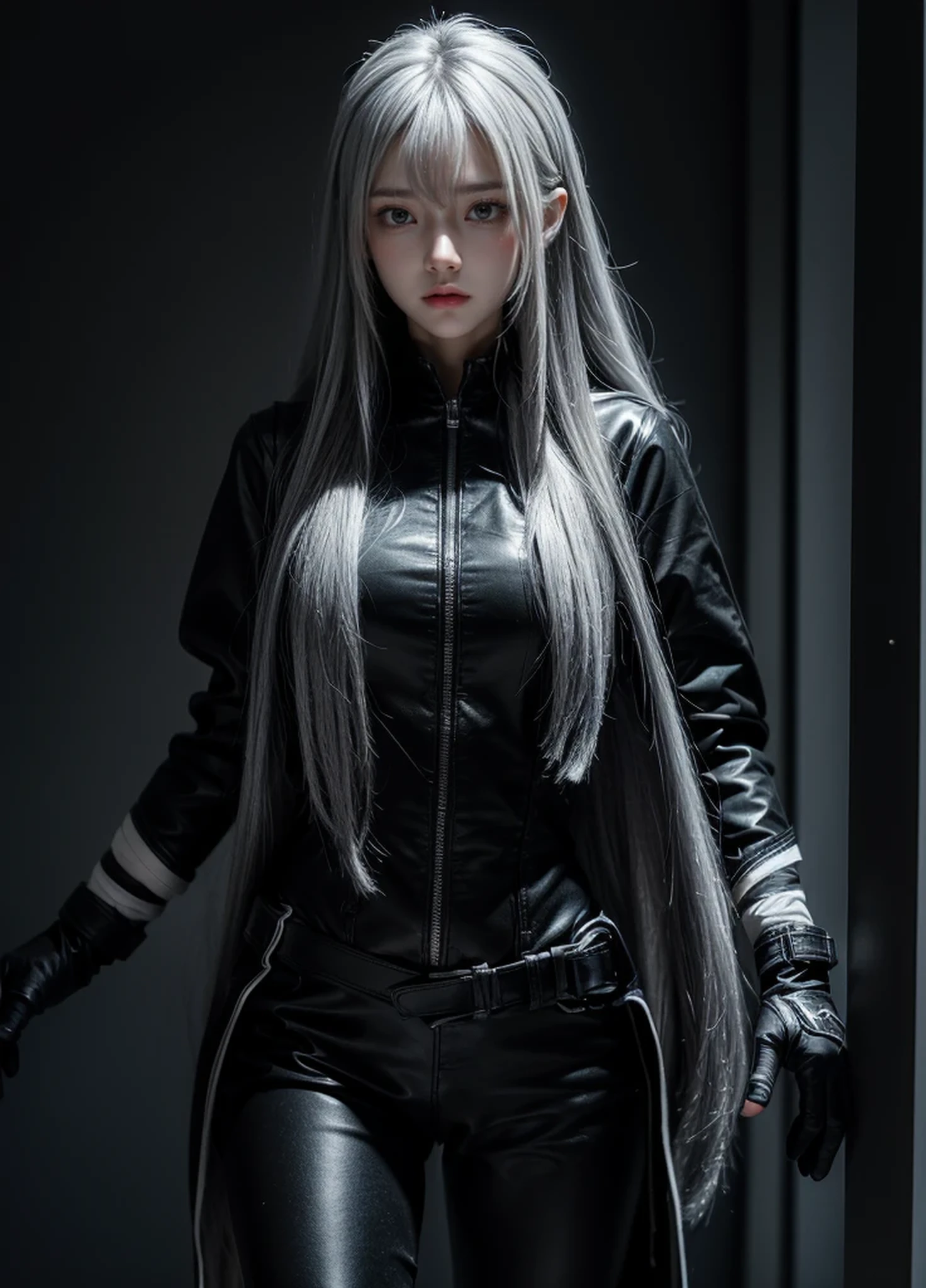 waist length hair,shiny hair,4 fingers,sharp gaze,{{{{{White eyes}}}}},{{{{{White eyes}}}}},{long hair},{{straight hair}},black gloves,black clothes,black military suit,{military},{{{{{dull bangs}}}}},Hard hair,(slanted eyes},{{whole body},{{{1 girl}}}, {{{{silver hair}}}},{{{Tsurime}}},36 years old,white people,silver eyes,thin,{{{masterpiece}}}, {{{highest quality}}}, {{Super detailed}}, {shape}, {{very delicate and beautiful}},very detailed,Detailed completeness,detailed hyper,military clothes,{{bangs}}
