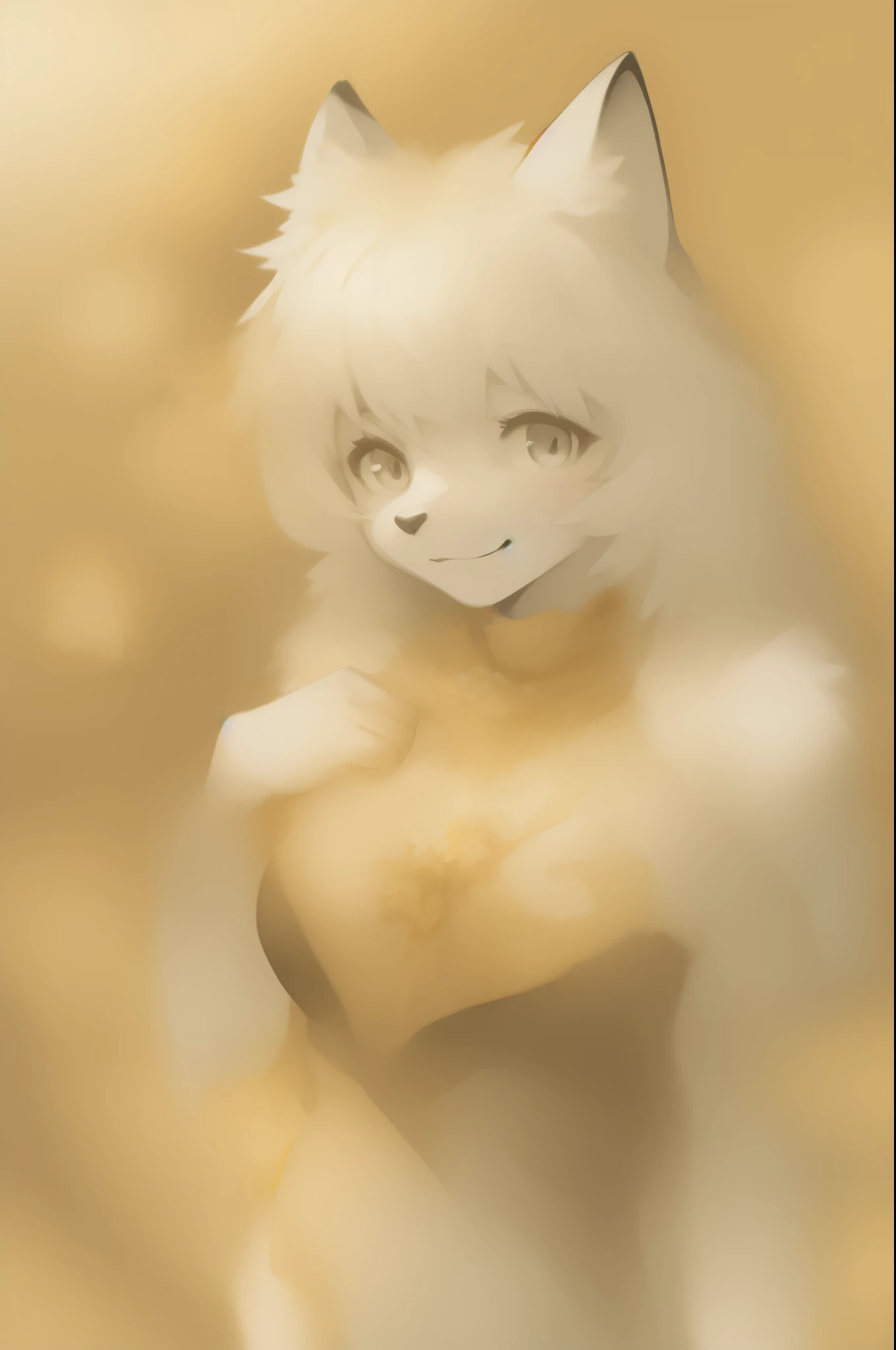 monochrome, watercolor, highres, top quality, best quality, paid reward available, High-quality illustrations, unparalleled masterpiece, perfect artwork, absurdres, 1girl, kemono, furry, detailed body fur, animal face, animal hand, Archaic Smile, holding a cluster of gold flower in both hands, which are positioned at chest level, She is wearing a simple ring on the ring finger of her left hand, unfocused spread of gold flower, fan-created work shared on platforms Pixiv or Twitter, Watercolor elements that seem to shift through time, Van Gogh,