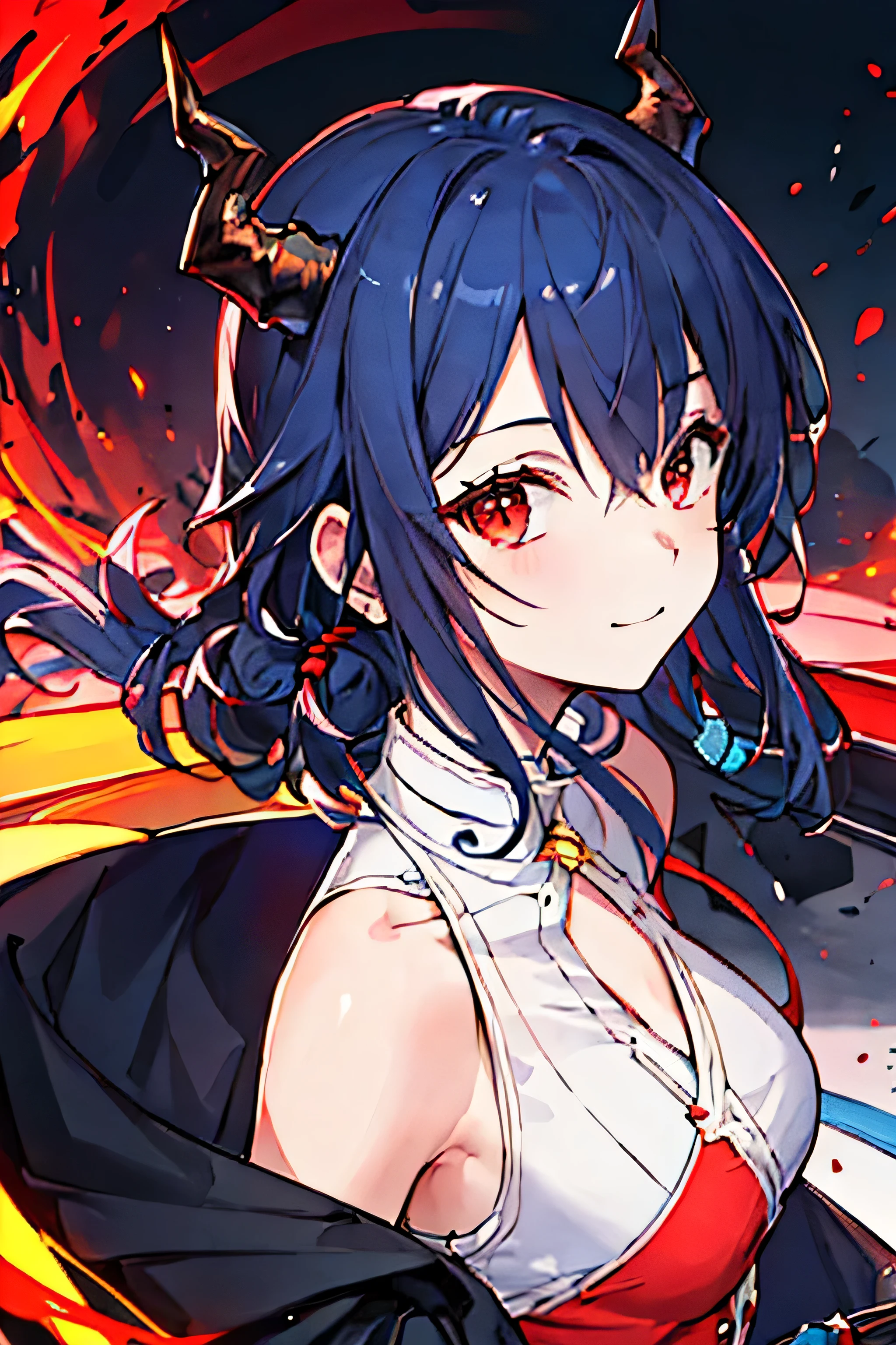 (best quality, masterpiece, extremely detailed, 8k wallpaper, colorful illustration:1.2), (detailed sharp lines), (Station type,Telephoto lens, wide Angle lens), tachi-e, looking at viewer, 1girl, detailed face, red eyes, dark blue gradient short hair, wavy hair, curly hair, horns, slightly smile, extremely detailed eyes, (vivid neon color patten in background:1.2), stylish,