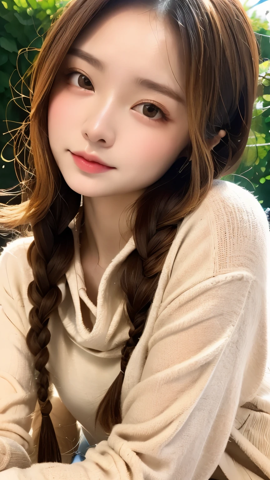 one girl、((smile:0.1))、pretty girl、dark beige hair、、young、delicate girl、Braid、Upper body、small breasts、unreasonable precision、Super detailed、blue shirt、Layering、light orange hoodie、completely flat、Honesty、thin arms, professional lighting, film grain, chromatic aberration, (Eye and face details:1.0), (Bokeh:1.1)、software:1.5)))、 highest quality, 8k, 14 years,
