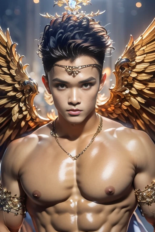 Photorealistic, ((best quality)), ((masterpiece)), (detailed),TOM HOLLAND, masculine portrait of young angel , 18-year-old male models, handsome, tall, cute looking, cute look, sweet look, powerful, young male, handsome model, clean shave, silver eyes. (blond:1.5), short curly messy blond hair, messy curly hair, short hair, super strong, muscular, fit, massive muscles, six pack, (shirtless:1.8), barechested, half-naked, topless, muscle, ripped, strong body, fit body, great chest, amazing armassive maggestic angel wings:1.4), (angelic halo :1.4), (linen draped cloth skirt:1.4), heaven gates in the background, (heavenly background:1.3) 8k, high detailed, ultra-detailed, Stylish Pose, real skin texture, dark cinematic lighting