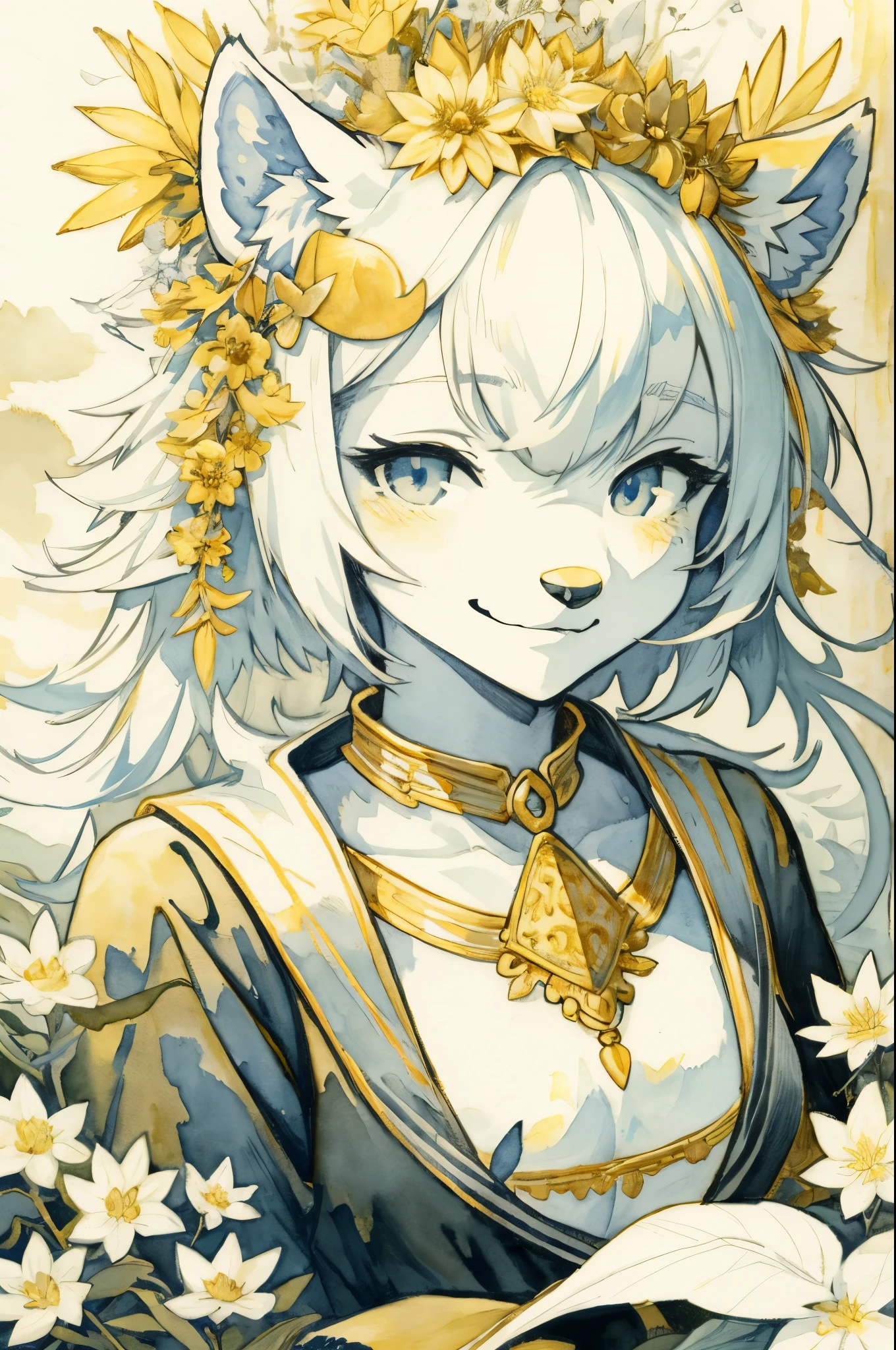 monochrome, watercolor, highres, top quality, best quality, paid reward available, High-quality illustrations, unparalleled masterpiece, perfect artwork, absurdres, 1girl, kemono, furry, detailed body fur, animal face, animal hand, Archaic Smile, holding a cluster of gold flower in both hands, which are positioned at chest level, She is wearing a simple ring on the ring finger of her left hand, unfocused spread of gold flower, fan-created work shared on platforms Pixiv or Twitter, Watercolor elements that seem to shift through time, Van Gogh,