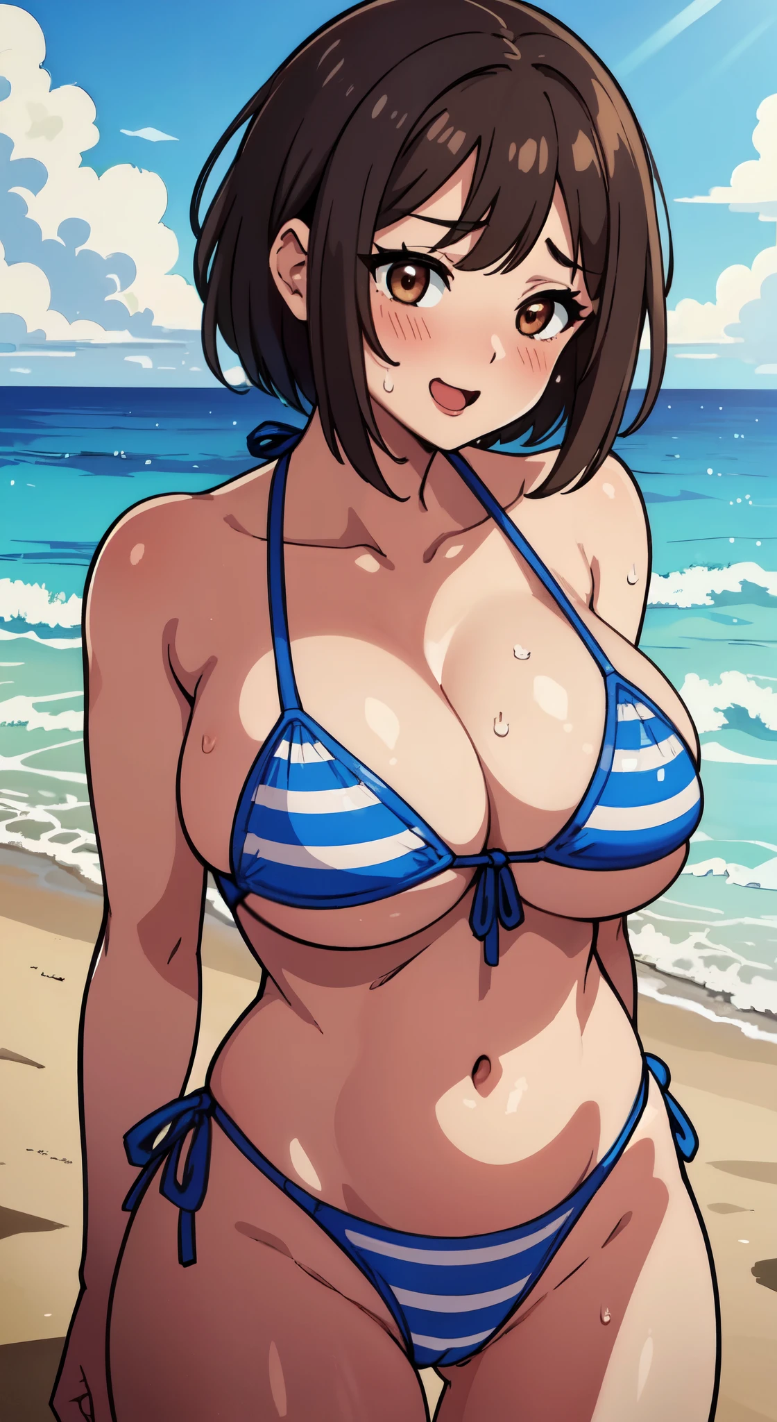 (Close-up、16k、highest quality、high detail、rich skin details、nffsw)、()、Watch anywhere、obedience、mature woman、:D、surprised、wavy mouth、Sweat、((very big breasts))、parted bangs、((Blue Strikini))、mature woman、brown haired、brown eyes、(short hair)、(amount)、blushed、(((big ass)))、(thick thighs)、armpit、(from behind)、cowboy shot、(look away)、beach