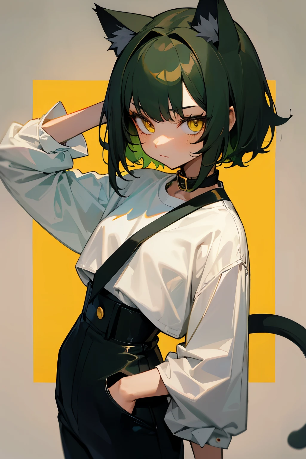 Cute girl, short dark green hair, yellow eyes, cat ears, cat collar, cat tail, white shirt, long black pants, beautiful slim waist,