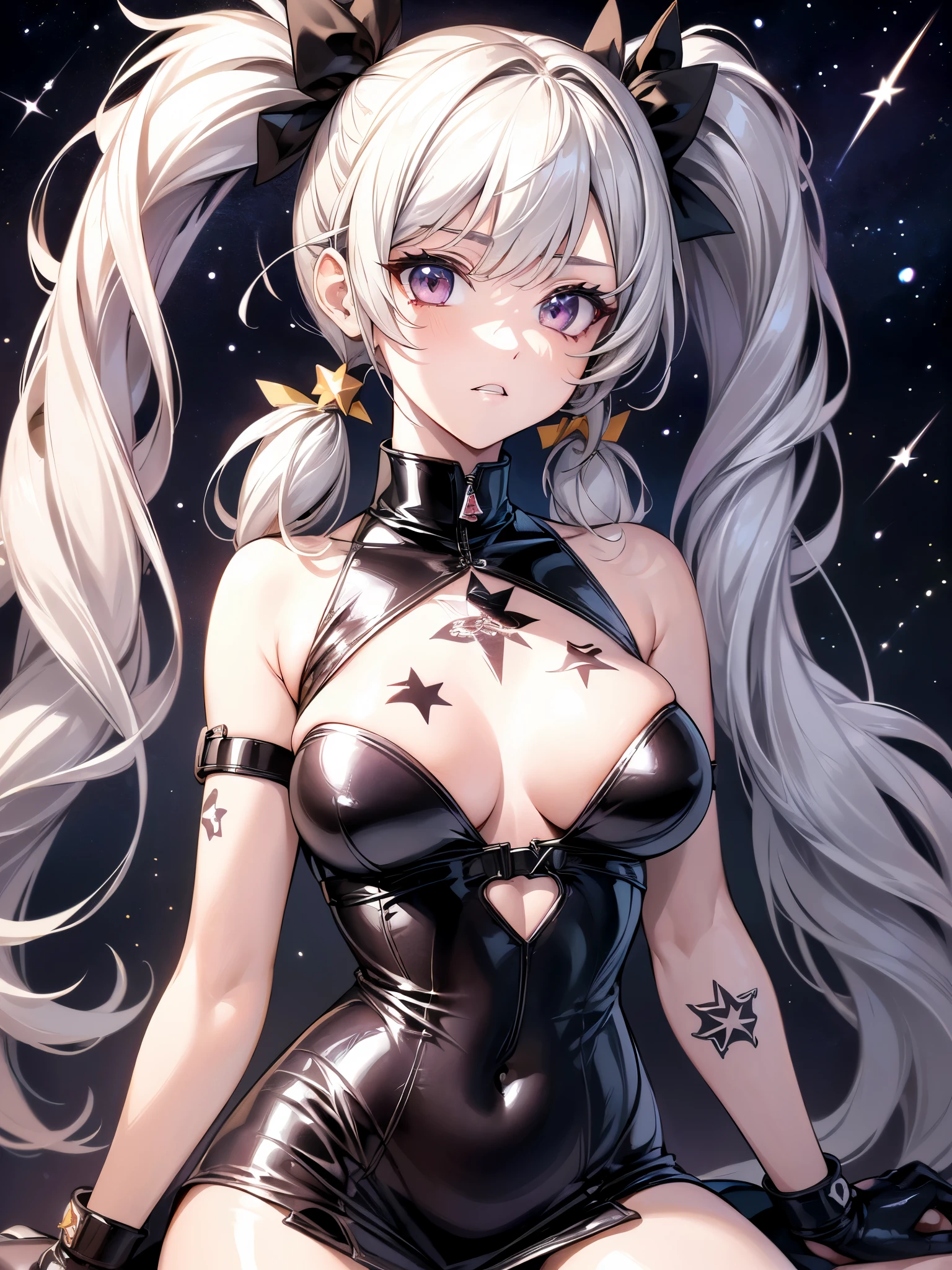 ((highest quality)),(ultra high resolution),(Super detailed),(detailed description),((best CG)),(best work of art),super precision art,amazing drawing art,(Art with precise details:1.5), (woman:1.6),(latex high leg dress:1.6),(beautiful and well-shaped face:1.5),(mechanics:1.6),light makeup:1.4,(long twin tails:1.8),(star tattoo:1.6),