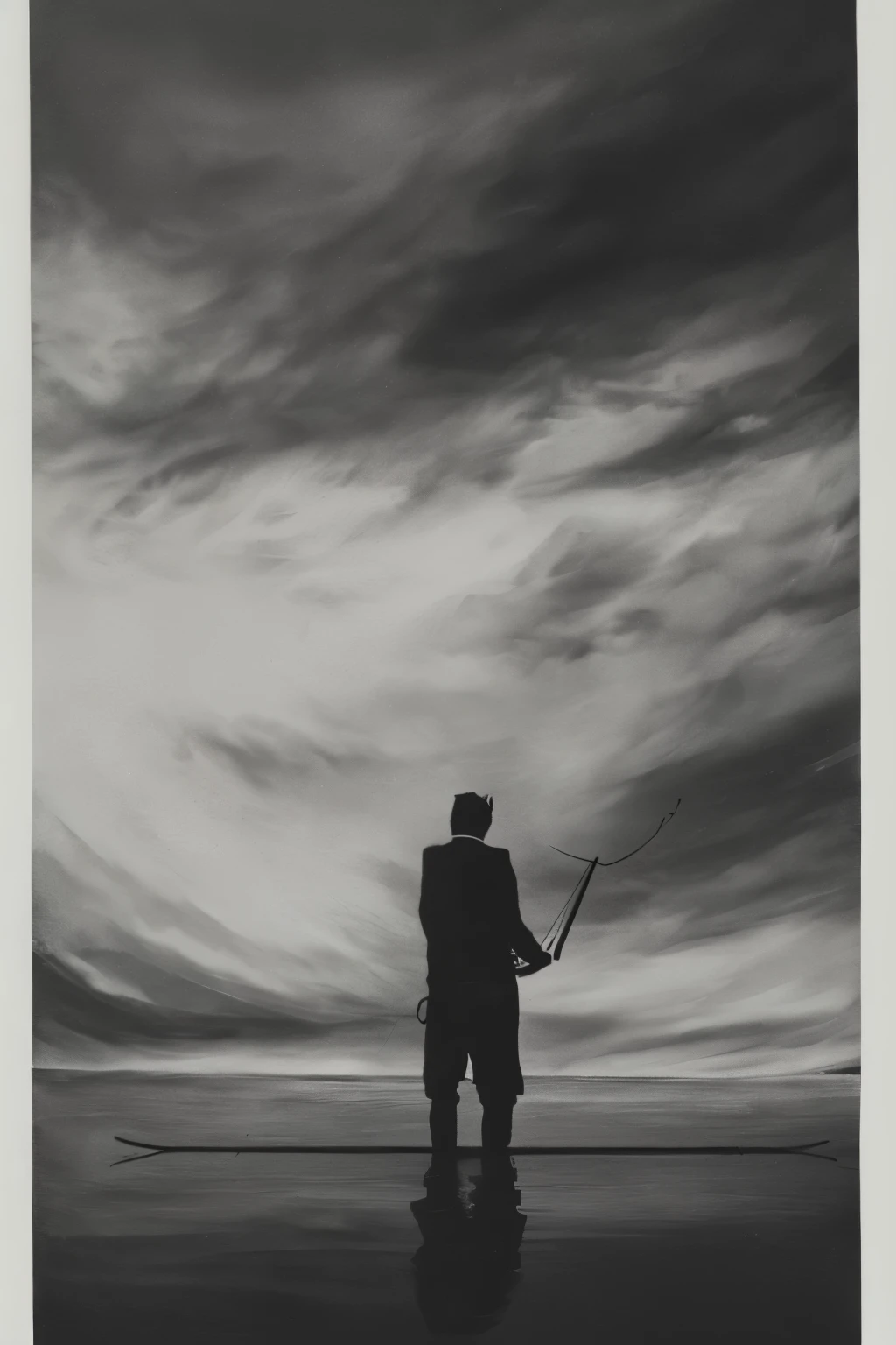 Black and white painting of a man's back fishing