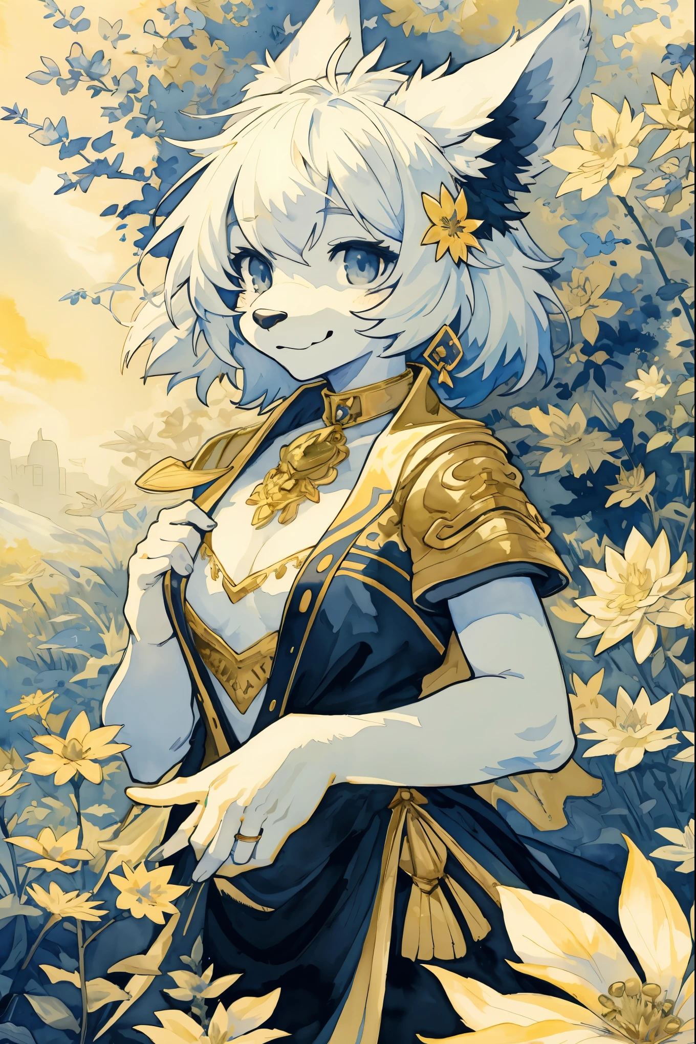 monochrome, watercolor, highres, top quality, best quality, paid reward available, High-quality illustrations, unparalleled masterpiece, perfect artwork, absurdres, 1girl, kemono, furry, detailed body fur, animal face, animal hand, Archaic Smile, holding a cluster of gold flower in both hands, which are positioned at chest level, She is wearing a simple ring on the ring finger of her left hand, unfocused spread of gold flower, fan-created work shared on platforms Pixiv or Twitter, Watercolor elements that seem to shift through time, Van Gogh,