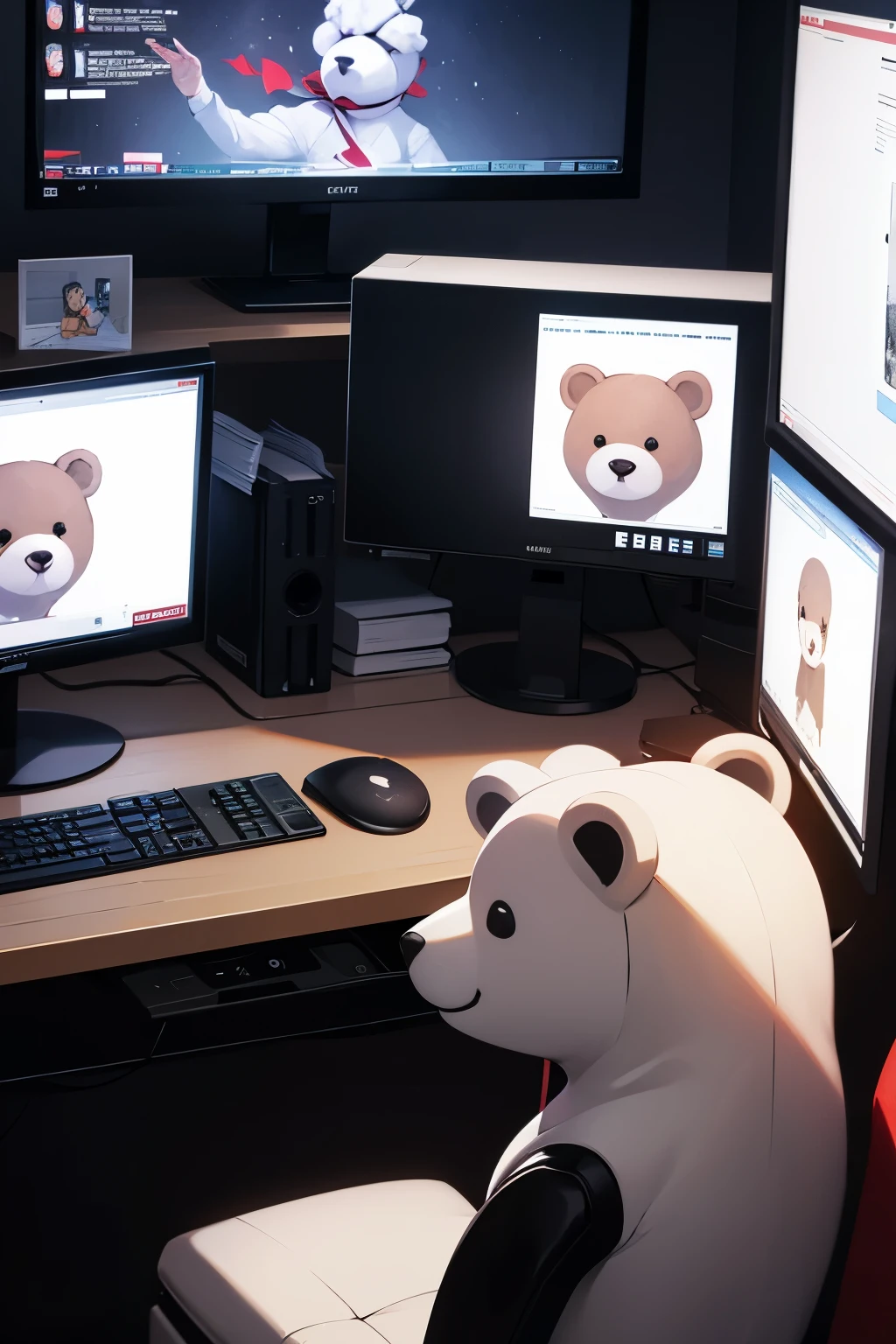 white teddy bear,which head is stitched with black clothes,red ribbon on bear's neck, the bear is play a computer game, the room is dark, only bear's face is shinny with the monitor light, bear is looking at the monitor,cartoon graphics