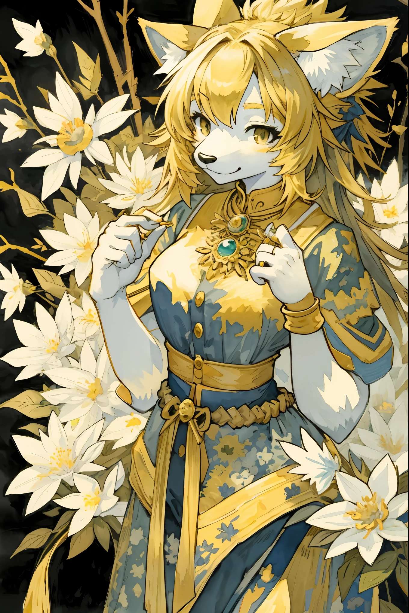 monochrome, watercolor, highres, top quality, best quality, paid reward available, High-quality illustrations, unparalleled masterpiece, perfect artwork, absurdres, 1girl, kemono, furry, detailed body fur, animal face, animal hand, Archaic Smile, holding a cluster of gold flower in both hands, which are positioned at chest level, She is wearing a simple ring on the ring finger of her left hand, unfocused spread of gold flower, fan-created work shared on platforms Pixiv or Twitter, Watercolor elements that seem to shift through time, Van Gogh,