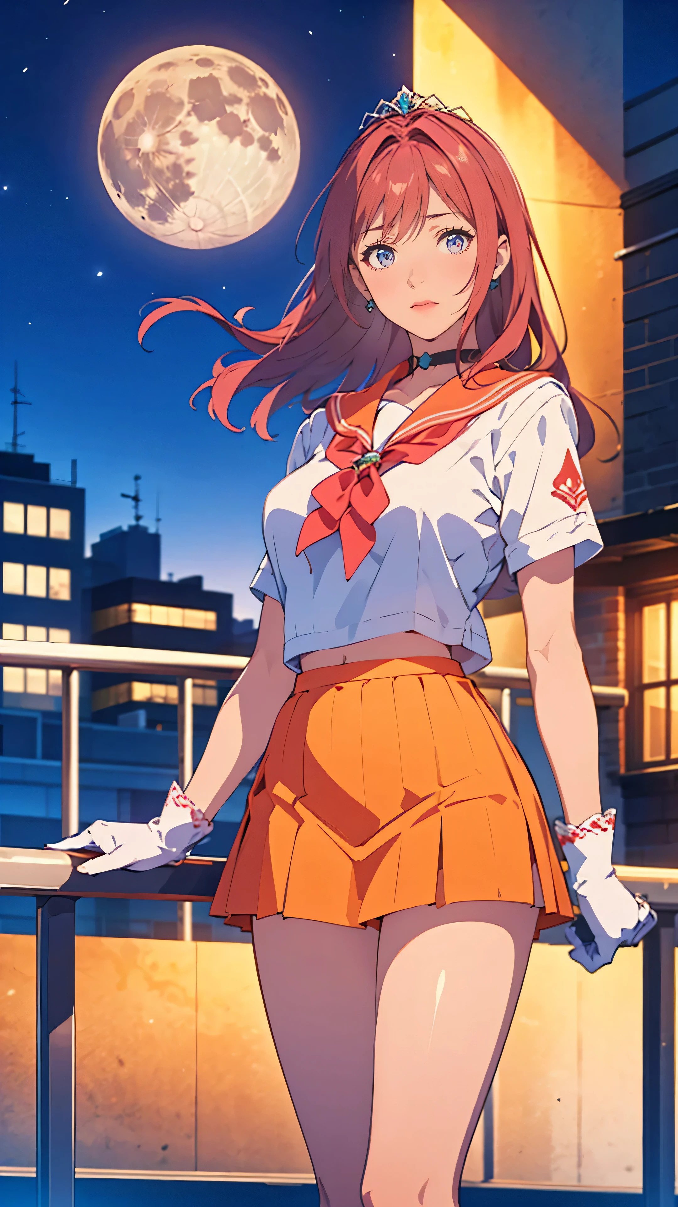 masterpiece, highest quality, High resolution, SV1, sailor warrior uniform, orange skirt, elbow bag, tiara, pleated skirt, mini skirt, red bow, orange choker, white gloves, jewelry, city, night, moon, cowboy shot, Are standing,