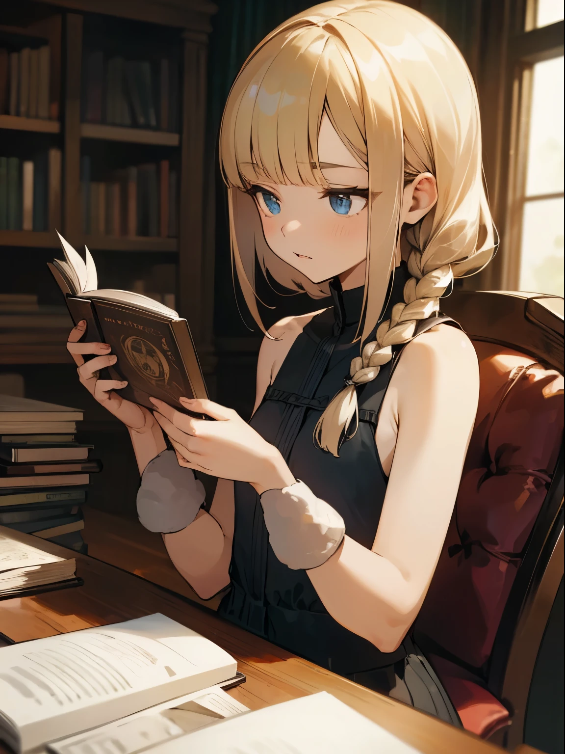 Reines, 1girl, high quality, best quality, illustration, masterpiece, (highly detailed:1.2), (extremely detailed:1.3), pajamas, sleeveless, backless, young girl, string ribbon, braid, , , arm on desk, sitting on chair, in a house, flat chest, (children:1.2), children reading a book, short hair