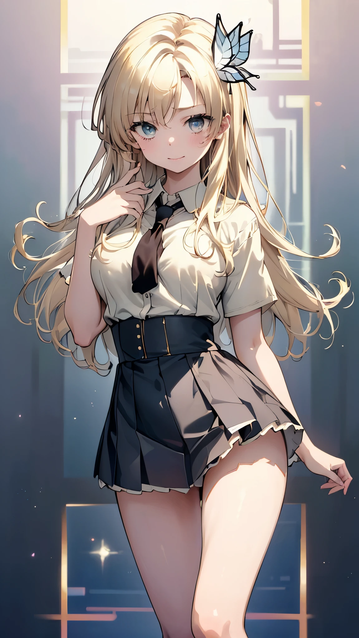 (highest quality, 8k, masterpiece, best image quality, ultra hd, delicate and smooth skin, real looking skin, perfect and beautiful face ,perfect and cute face, high detail skin, perfect limbs、thin waist、thin legs)、at school、smiling、