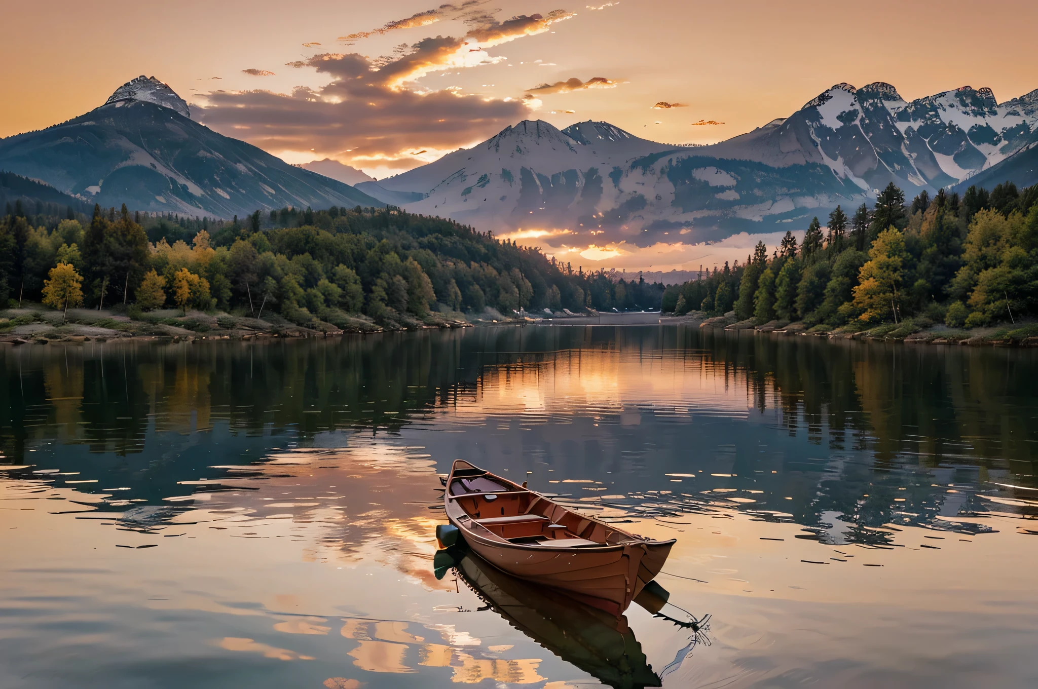 Imagine a serene lakeside scene at dusk, with a lone cabin nestled among towering pine trees. The sky is painted in hues of orange and pink as the sun sets behind distant mountains. A small rowboat gently floats on the calm water, reflecting the beauty of the twilight sky.