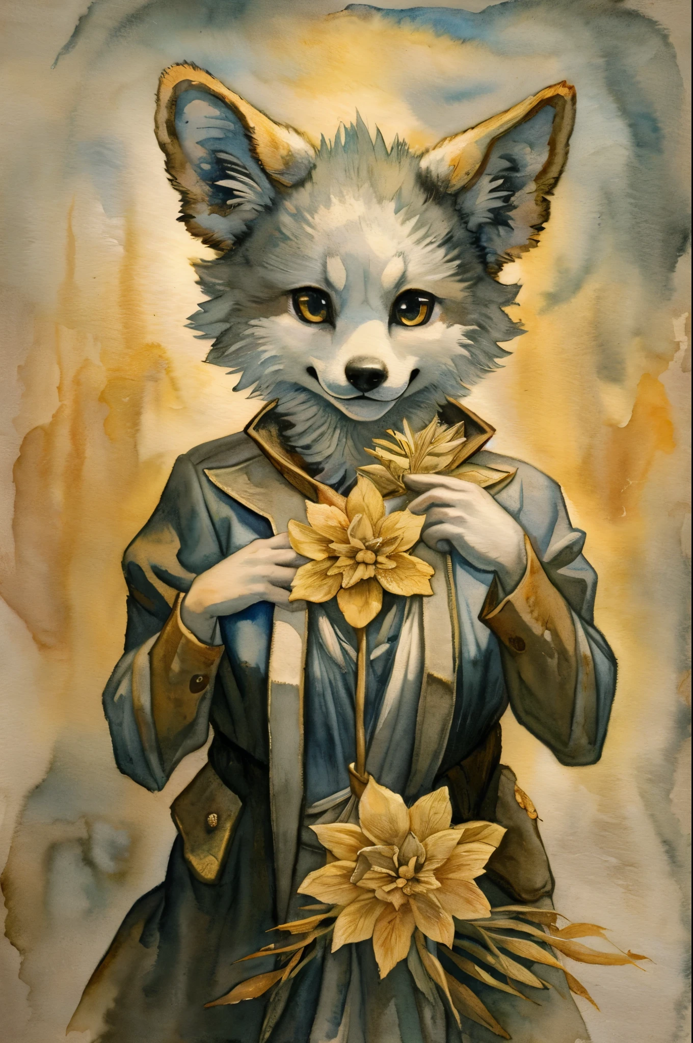 monochrome, watercolor, highres, top quality, best quality, paid reward available, High-quality illustrations, unparalleled masterpiece, perfect artwork, absurdres, 1girl, kemono, furry, detailed body fur, animal face, animal hand, Archaic Smile, holding a cluster of gold flower in both hands, which are positioned at chest level, She is wearing a simple ring on the ring finger of her left hand, unfocused spread of gold flower, fan-created work shared on platforms Pixiv or Twitter, Watercolor elements that seem to shift through time, Van Gogh,