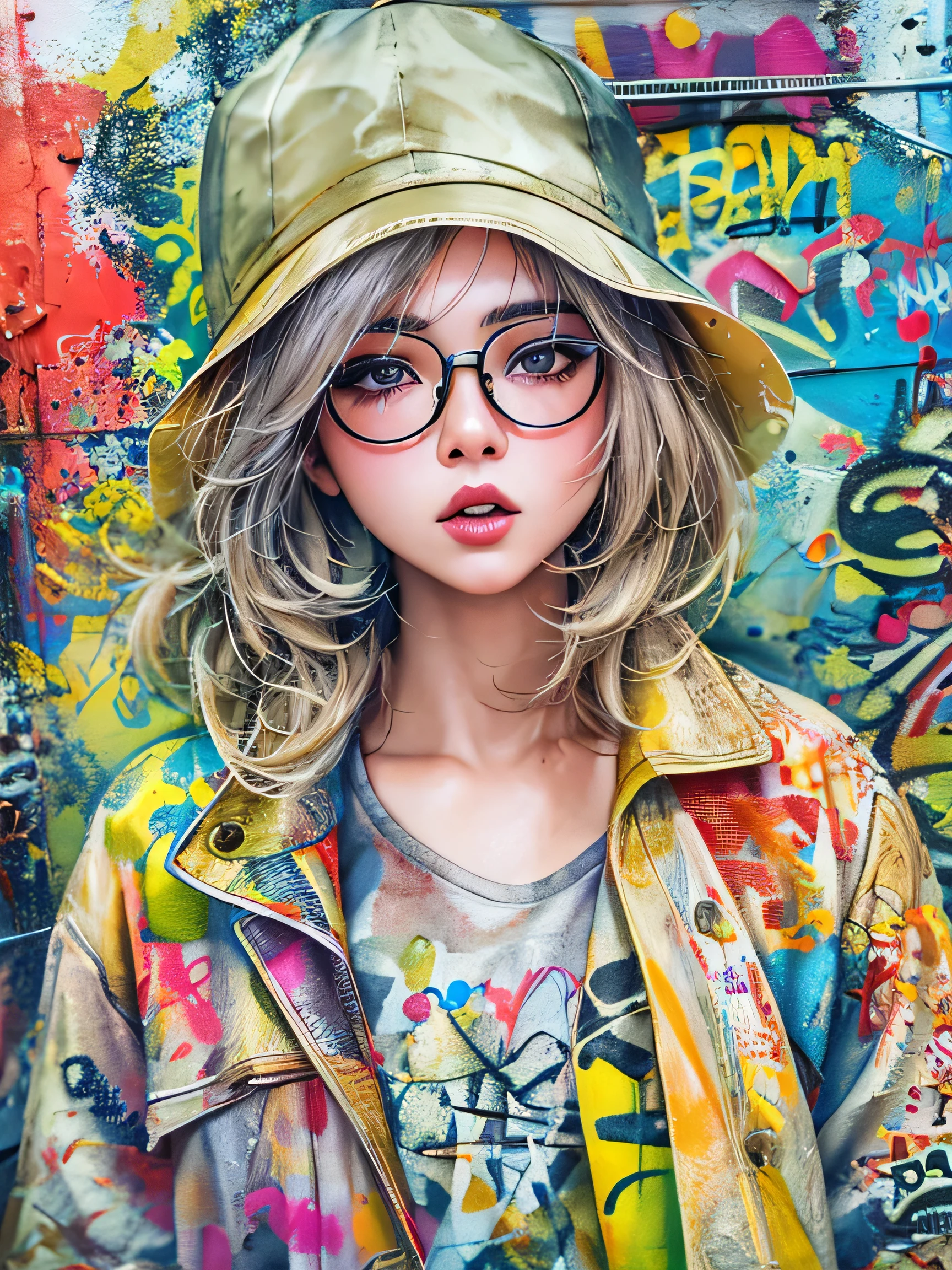 8K quality, watercolor painting, stylish design, (((The strongest beautiful girl of all time))), (((Japanese))、clear, stylish glasses, Fashionable hats, (((highest quality))), bob hair, HDR, ((Detailed details)), skull fashion、, detailed clothing texture, (((graffiti art))), colorful hair, ((masterpiece))、((Super detailed))