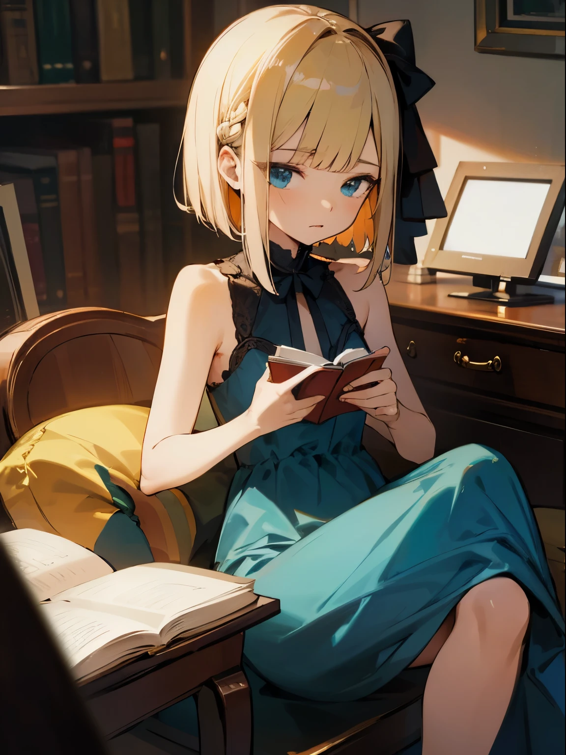 Reines, 1girl, high quality, best quality, illustration, masterpiece, (highly detailed:1.2), (extremely detailed:1.3), pajamas, sleeveless, backless, young girl, string ribbon, braid, , , arm on desk, sitting on chair, in a house, flat chest, (children:1.2), children reading a book, short hair
