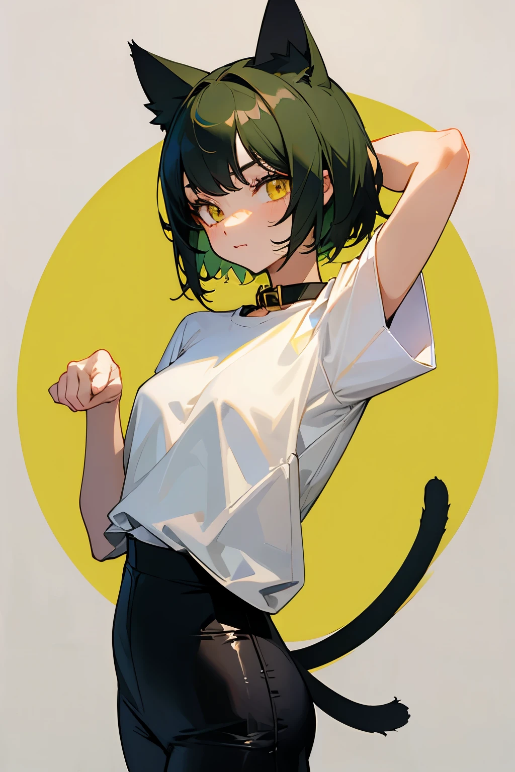 Cute girl, short dark green hair, yellow eyes, cat ears, cat collar, cat tail, white shirt, black long tight pants, beautiful slim waist,
