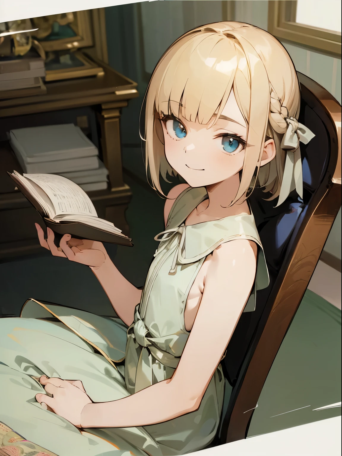 Reines, 1girl, high quality, best quality, illustration, masterpiece, (highly detailed:1.2), (extremely detailed:1.3), pajamas, sleeveless, backless, young girl, string ribbon, braid, , , sitting on chair, in a house, flat chest, (children:1.2), children reading a book, short hair, cheery, smiling