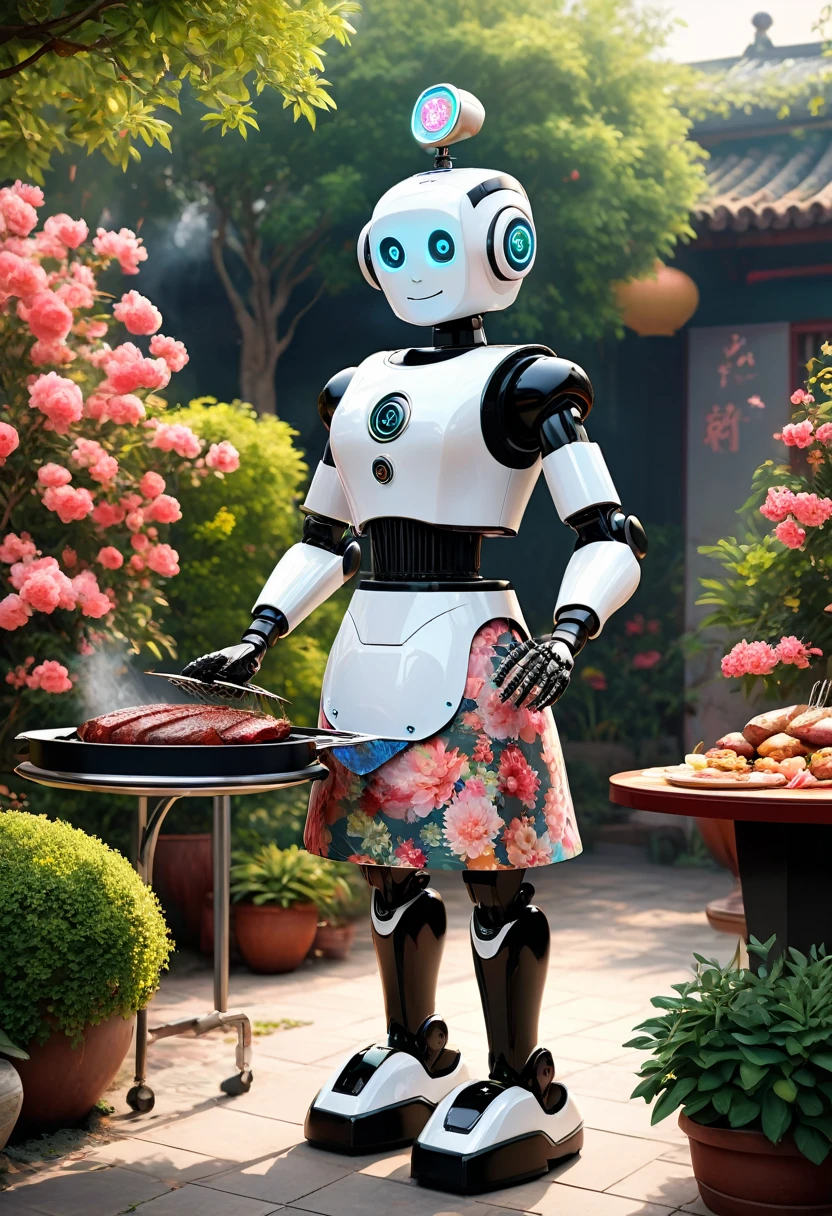 Qingdao Qifeng Customs,  The robot butler is grilling meat in a retro floral skirt., The head is equipped with a high-definition analog face display, Warm and friendly smile, Wearing a holographic white butler uniform, Background with: surreal garden, Future character design, scientific fiction, Black technology, 3D,