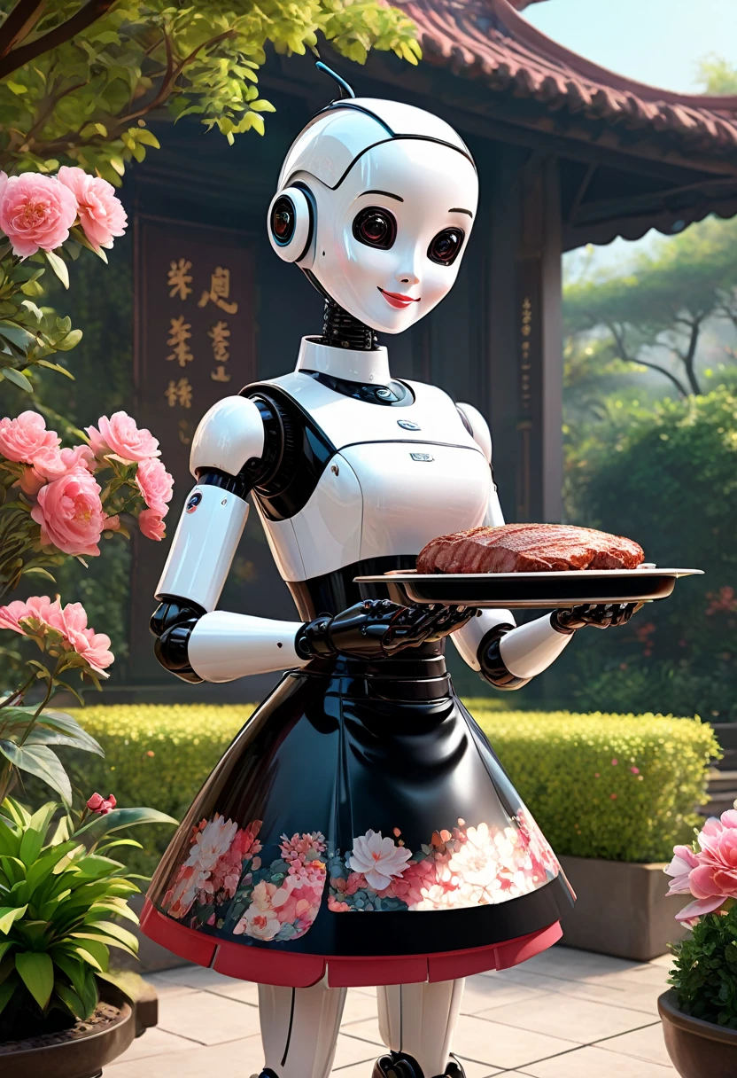 Qingdao Qifeng Customs,  The robot butler is grilling meat in a retro floral skirt., The head is equipped with a high-definition analog face display, Warm and friendly smile, Wearing a holographic white butler uniform, Background with: surreal garden, Future character design, scientific fiction, Black technology, 3D,