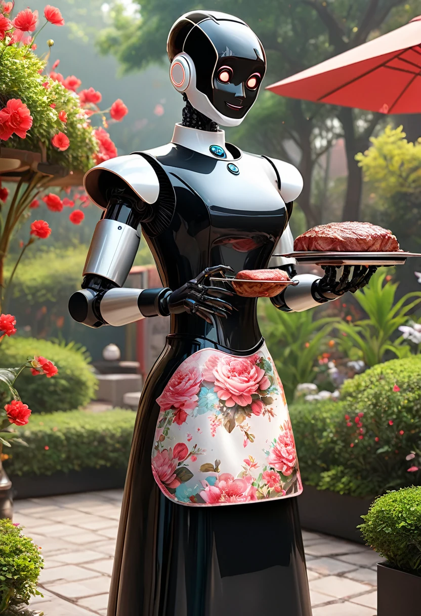 Qingdao Qifeng Customs,  The robot butler is grilling meat in a retro floral skirt., The head is equipped with a high-definition analog face display, Warm and friendly smile, Wearing a holographic white butler uniform, Background with: surreal garden, Future character design, scientific fiction, Black technology, 3D,