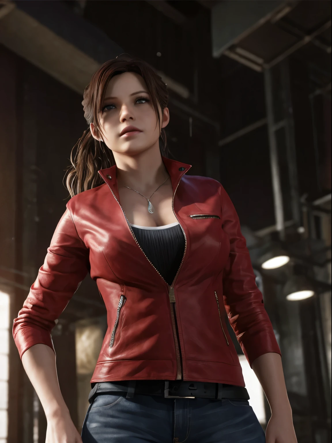 Claire Redfield, {{master part, best quality, CG extremamente detalhado, Unity 8k papel de parede, Cinematic lighting}},  1girl, Mulher nova, corpo inteiro, dia ensolarado, belos olhos detalhados, (seios grandes, clivagem), Bunda redonda, looking up at the audience, long eyelashes,