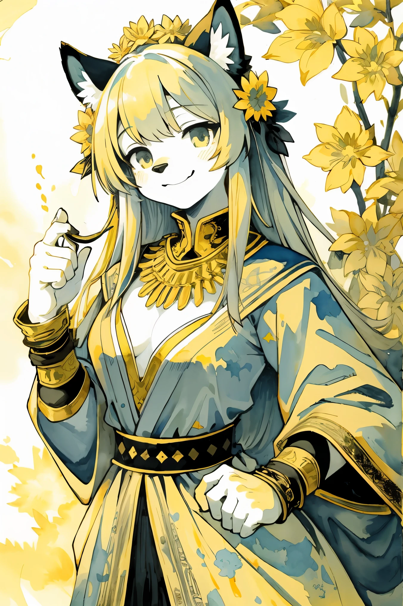 monochrome, watercolor, highres, top quality, best quality, paid reward available, High-quality illustrations by Vermeer, unparalleled masterpiece, perfect artwork, absurdres, 1girl, kemono, furry, detailed body fur, animal face, animal hand, Archaic Smile, holding a cluster of gold flower in both hands, which are positioned at chest level, She is wearing a simple ring on the ring finger of her left hand, unfocused spread of gold flower, fan-created work shared on platforms Pixiv or Twitter, Watercolor elements that seem to shift through time,