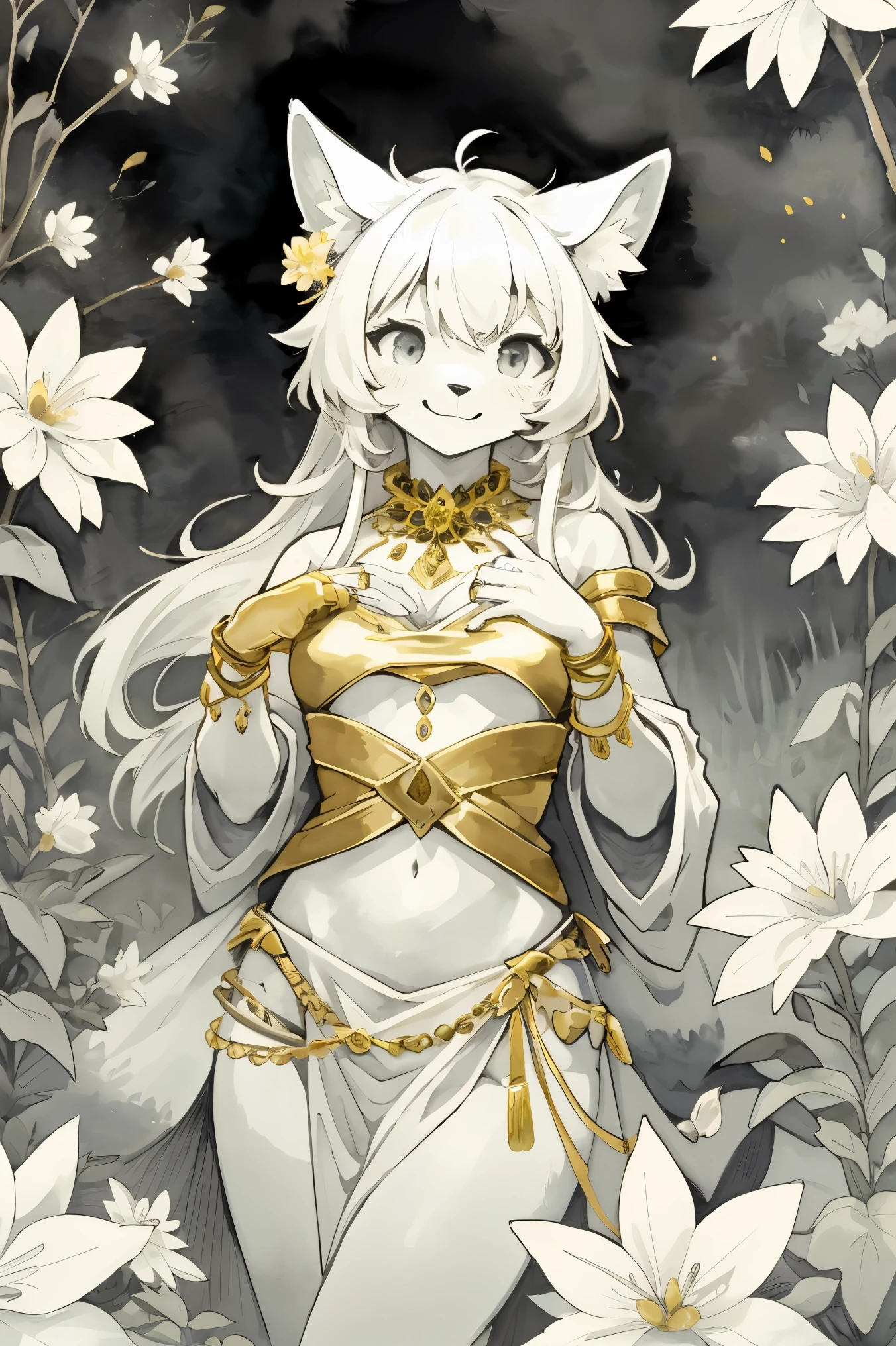 monochrome, watercolor, highres, top quality, best quality, paid reward available, High-quality illustrations by Vermeer, unparalleled masterpiece, perfect artwork, absurdres, 1girl, kemono, furry, detailed body fur, animal face, animal hand, Archaic Smile, holding a cluster of gold flower in both hands, which are positioned at chest level, She is wearing a simple ring on the ring finger of her left hand, unfocused spread of gold flower, fan-created work shared on platforms Pixiv or Twitter, Watercolor elements that seem to shift through time,