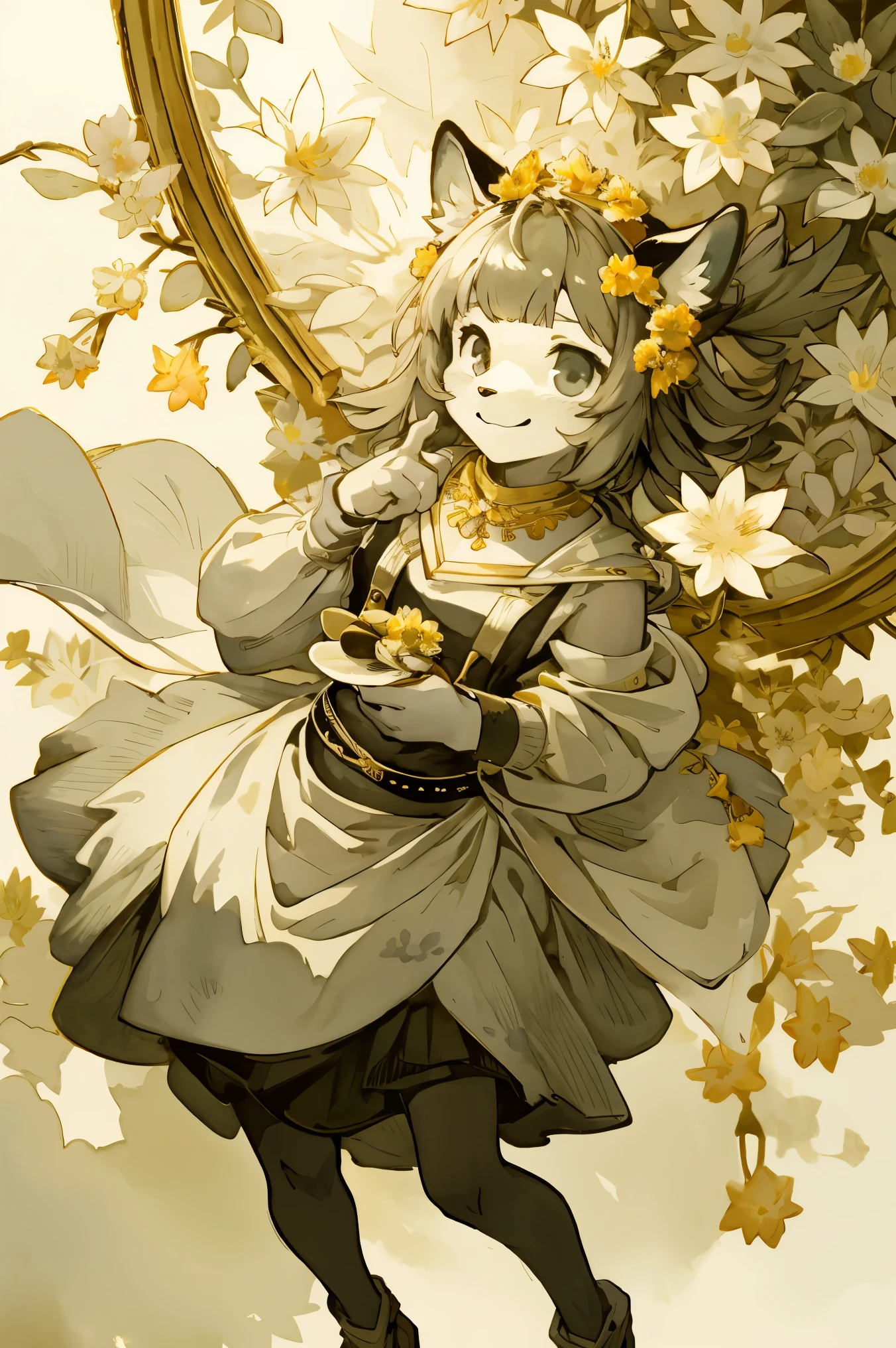 monochrome, watercolor, highres, top quality, best quality, paid reward available, High-quality illustrations by Vermeer, unparalleled masterpiece, perfect artwork, absurdres, 1girl, kemono, furry, detailed body fur, animal face, animal hand, Archaic Smile, holding a cluster of gold flower in both hands, which are positioned at chest level, She is wearing a simple ring on the ring finger of her left hand, unfocused spread of gold flower, fan-created work shared on platforms Pixiv or Twitter, Watercolor elements that seem to shift through time,